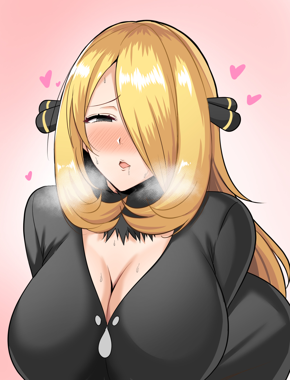 1girls big_breasts blonde_female blonde_hair blush cynthia_(pokemon) female grey_eyes hair_ornament half-closed_eyes heart heavy_breathing huge_breasts human large_breasts long_hair looking_pleasured nintendo pale-skinned_female pale_skin pokemon pokemon_dppt saliva tanaken