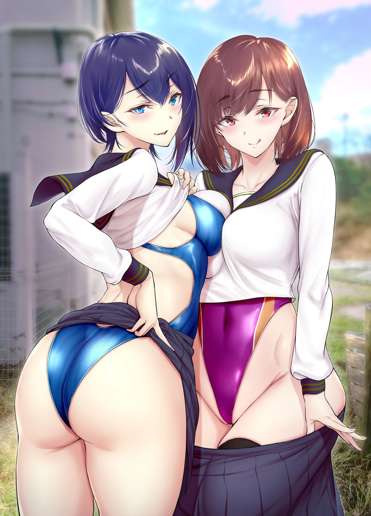 2girls, ass, asymmetrical docking, bangs, black legwear, blue eyes, blue hair, blue sky, blue swimsuit, blush, breast press, breast-to-breast, breasts, brown eyes, brown hair, cloud, day, eyebrows visible through hair, female, gentsuki, high resolution, highleg, highleg swimsuit, large breasts, licking lips, lifted by self, long sleeves, looking at viewer, multiple females, multiple girls, one-piece swimsuit, original, parted lips, partially visible vulva, purple swimsuit, pussy, sailor collar, school uniform, shiny, shiny clothes, shirt, siblings, sidelocks, sisters, skirt, skirt lift, skirt pull, sky, swimsuit, swimsuit under clothes, thighhighs, tongue, tongue out, white shirt