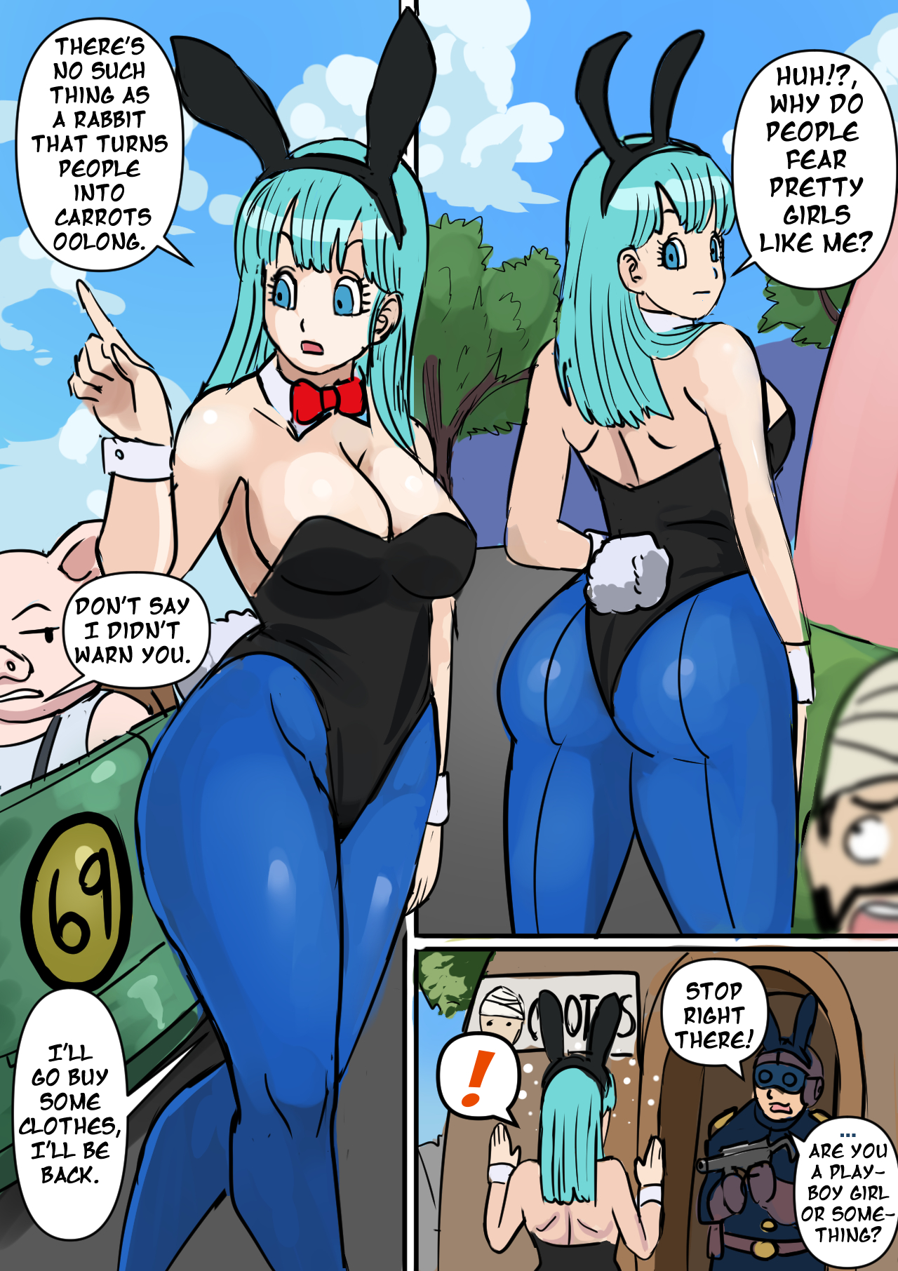 1girls, 2boys, adult, ass, big ass, big breasts, big butt, bimbo, blue eyes, blue hair, blue pantyhose, bowtie, breasts, bubble ass, bubble butt, bulma (bunny), bulma briefs, bunny ears, bunny girl, bunny tail, bunnysuit, busty, detached collar, dragon ball, dragon ball (classic), female, huge ass, huge breasts, long hair, male, oolong, pinkpawg, rabbit mob, shounen jump, teenager, wrist cuffs
