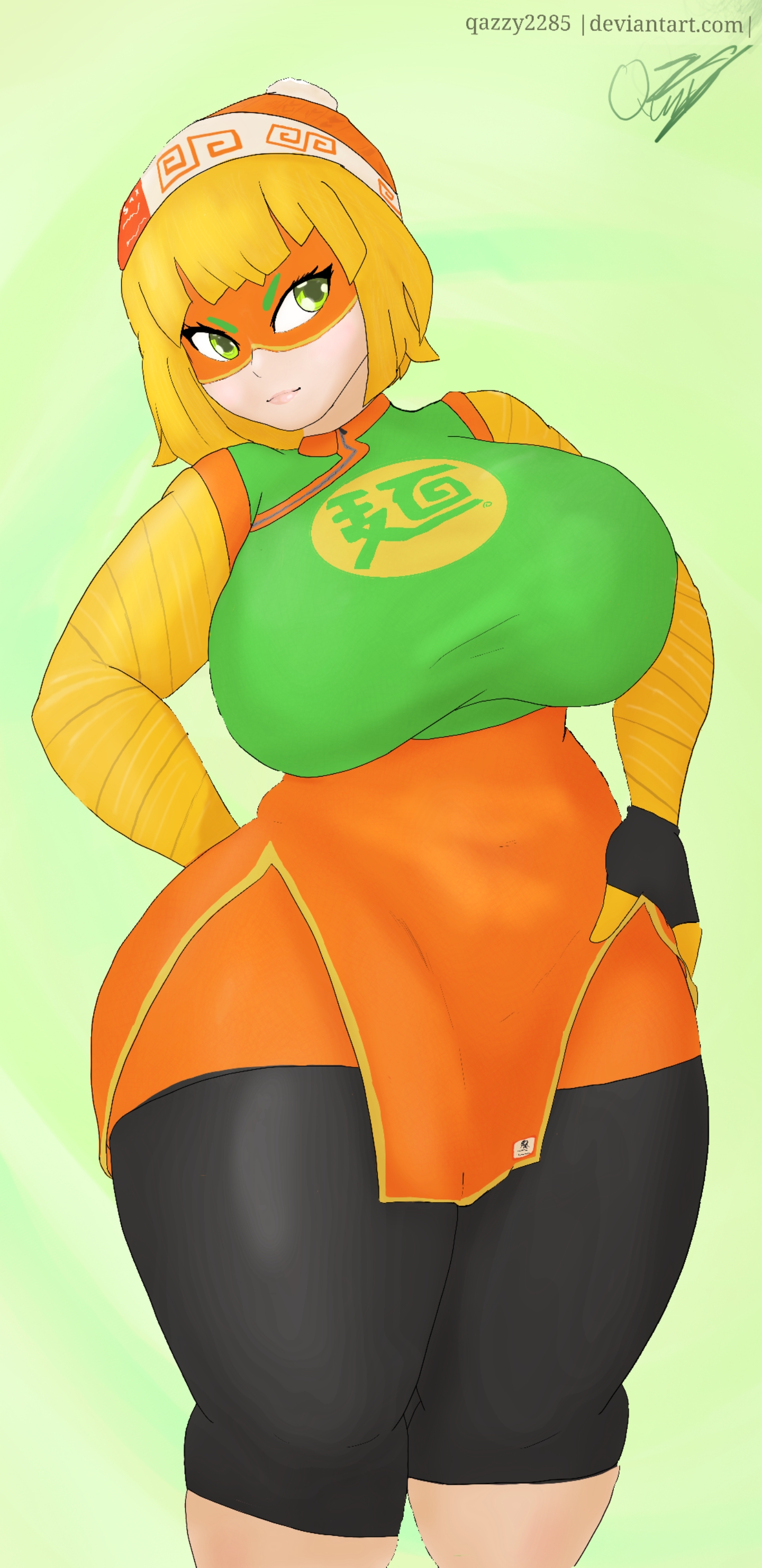 1girls, arms (game), big breasts, blonde hair, breasts, female, green eyes, hay, huge breasts, huge thighs, large breasts, leggings, light skin, light-skinned female, mask, medium hair, min min (arms), nintendo, pale skin, pale-skinned female, qazzy2285, teenager, thick thighs, thighs, url, wide hips