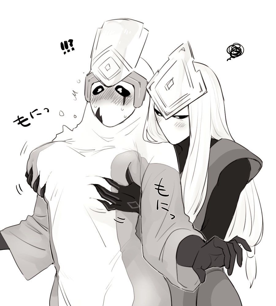 1girls ambiguous_gender blush breast_grab breast_squeeze clothing elder elder_of_the_forest elder_of_the_vault female female_only hands_on_breasts mask monochrome sky:_children_of_the_light thatgamecompany