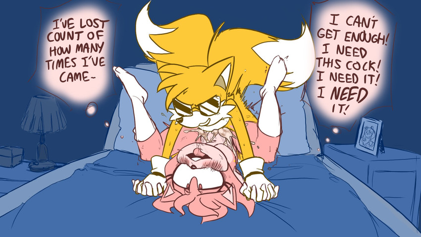 ahe gao, amy rose, anthro, bed, blush, bodily fluids, clothing, cum, cum in pussy, cum inside, cum overflow, duo, eyewear, fakeryway, female, footwear, furniture, genital fluids, gloves, handwear, legwear, male, miles prower, piledriver position, pleasure castle, pussy, sega, socks, sonic (series), sunglasses, tails, tails the fox, thought bubble, vaginal penetration, vaginal sex