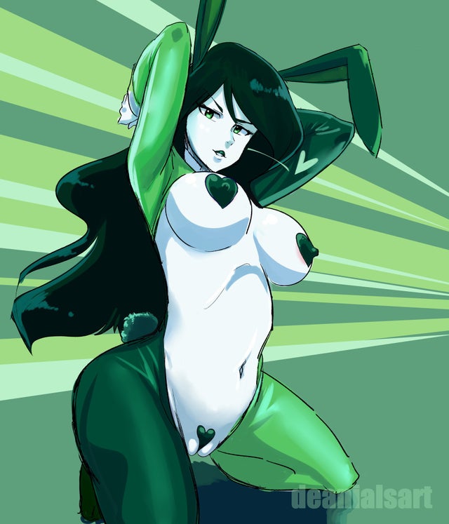 areola, belly, between labia, big breasts, breasts, bunny ears, bunny tail, bunnysuit, deanialsart, disney, female, green background, green hair, heart, innie pussy, kim possible, pasties, presenting, pussy, pussy lips, reverse bunnysuit, shego, thighs, white skin
