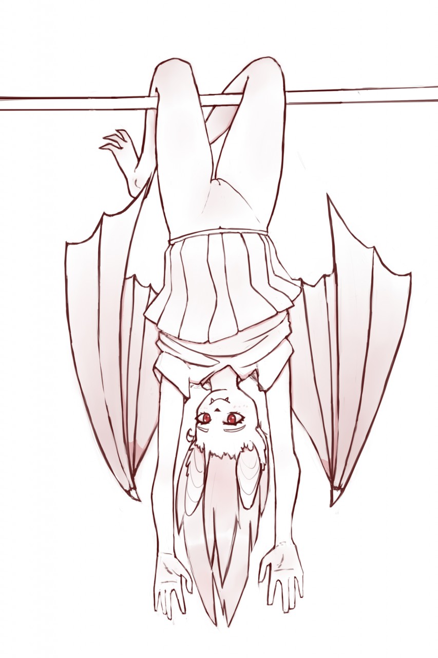 2020 anthro bat_wings blush chiropteran clothed clothing demonstration digital_media_(artwork) ears_up fangs female fur genitals hair hi_res humanoid kykyro mammal membrane_(anatomy) membranous_wings monochrome nude pink_nose pussy red_eyes simple_background sketch smile solo upside-down wings