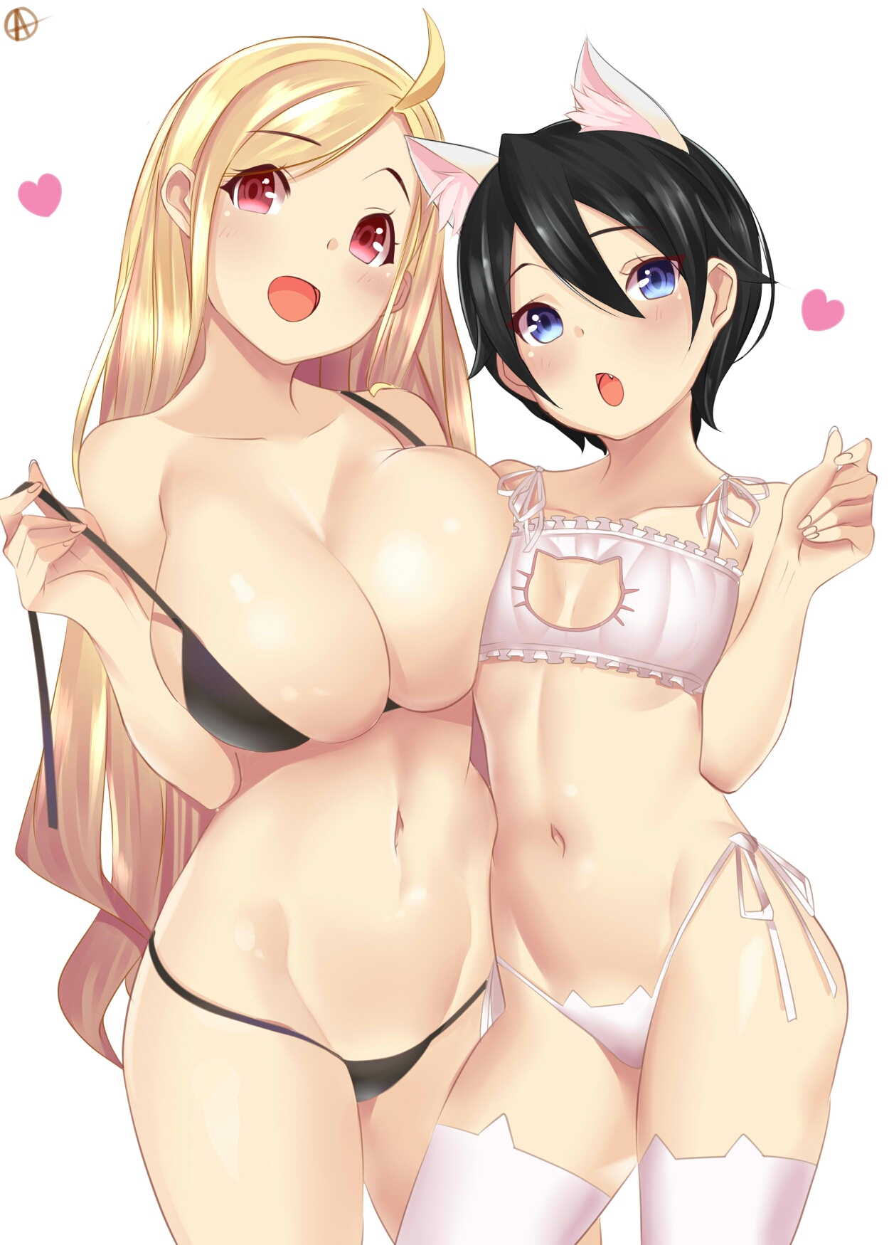:d, 2girls, ahoge, animal ears, black bra, black hair, black panties, black underwear, blonde hair, blue eyes, blush, bra, breasts, cat cutout, cat ear panties, cat lingerie, cleavage, cleavage cutout, derivative work, eyebrows visible through hair, female, frilled bra, frilled underwear, frills, hair between eyes, heart, high resolution, large breasts, lingerie, long hair, looking at viewer, meme attire, multiple females, multiple girls, navel, nekomimi, oerba yun fang, open mouth, original, panties, pantsu, pop kyun, red eyes, short hair, side-tie panties, small breasts, smile, stomach, strap lift, string panties, swimsuit, thighhighs, underwear, underwear only, very long hair, w4pz, white background, white bra, white legwear, white panties, white underwear