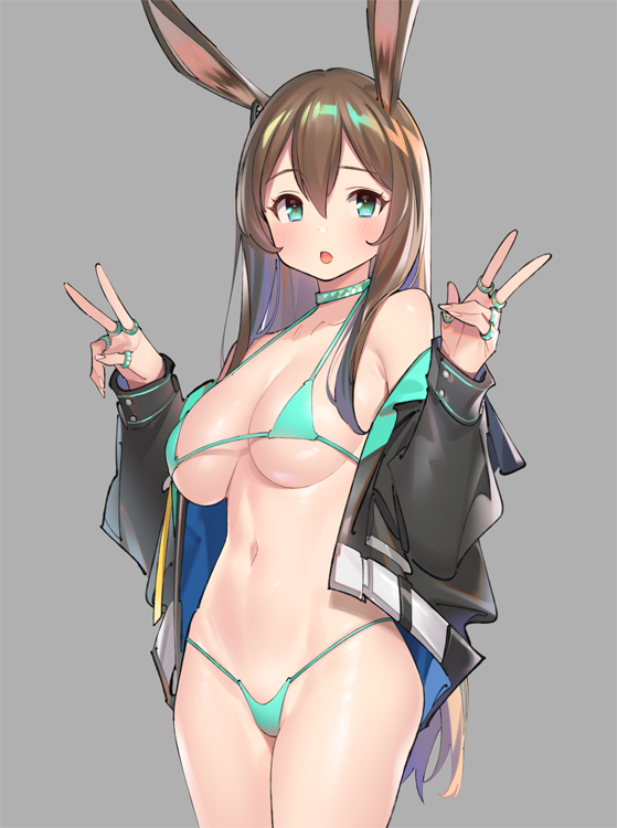 :o amiya_(arknights) animal_ears aqua_eyes aqua_panties arknights baby_face bare_shoulders black_jacket breasts brown_hair bunny_ears choker cowboy_shot double_v female female_only grey_background hair_between_eyes halter_top halterneck jacket jewelry large_breasts long_hair long_sleeves looking_at_viewer micro_panties navel no_pants off_shoulder open_mouth pantsu pop_kyun revealing_clothes ring shiny shiny_skin sidelocks simple_background skimpy_clothes solo string_panties thumb_ring underwear v very_long_hair