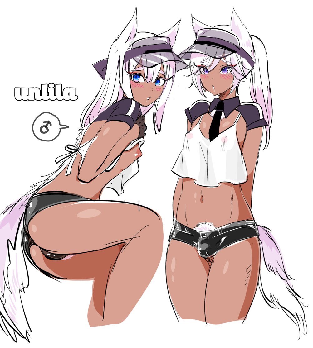 1boy animal_ears bulge catboy crop_top dark-skinned_femboy dark-skinned_male dark_skin eyebrows_visible_through_hair femboy girly looking_at_viewer male male_only nagano_rira short_shorts shorts simple_background solo tail trap unlila white_background