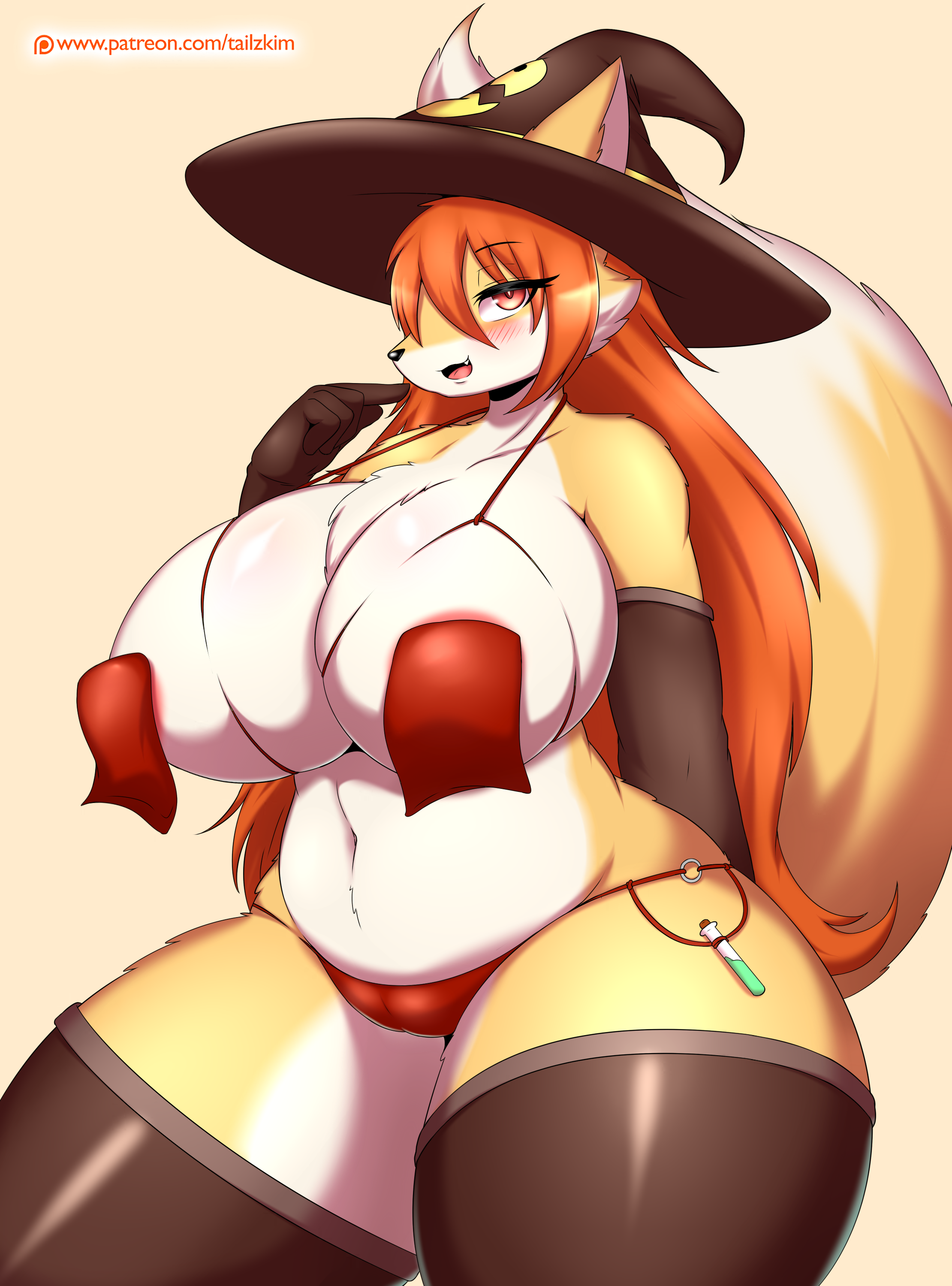 animal humanoid, anthro, areola slip, breasts, female, fox, furry, large breasts, nipple bulge, pasties, tailzkim, thick thighs, witch