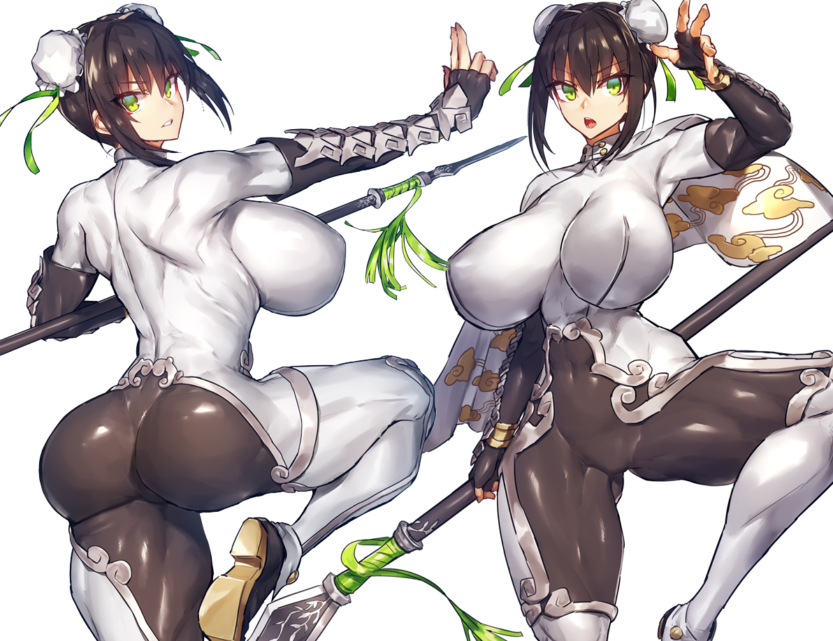 alternate breast size, ass, big ass, big breasts, big butt, bodysuit, breasts, bun cover, dark hair, fate (series), fate/grand order, female, fully clothed, green eyes, hair bun, hair ribbon, huge ass, huge breasts, looking at viewer, martial artist, melon22, muscular, muscular female, muscular thighs, qin liangyu (fate), short hair, spear, thick thighs, weapon