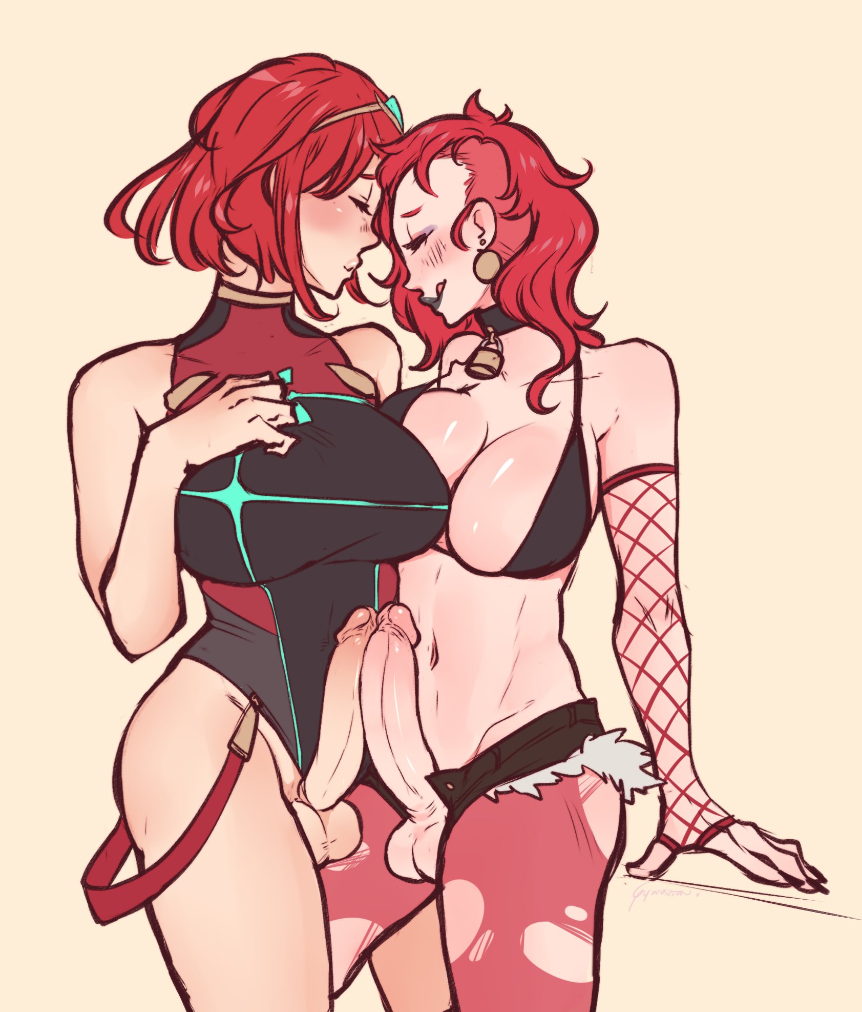 2futas, balls, big breasts, breasts, cleavage, dickgirl, erection, frottage, futa on futa, futa only, futanari, gyarusatan, intersex, large breasts, penis, pyra, testicles, xenoblade (series), xenoblade chronicles 2