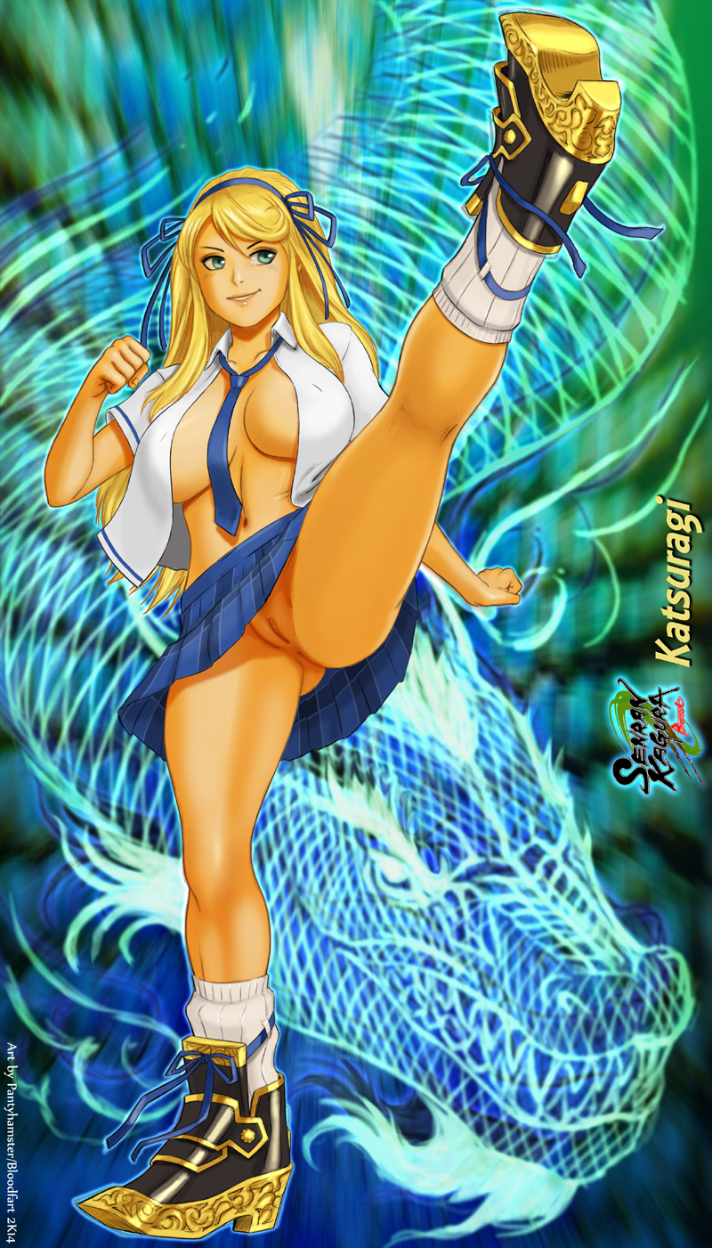 action pose, areola slip, areolae, ass, ass visible through thighs, athletic, athletic female, big breasts, blonde hair, blue eyes, bottomless, breasts, casual exposure, erect nipples, female, going commando, hairband, katsuragi (senran kagura), kick, labia, large breasts, leg up, long hair, miniskirt, navel, nipple bulge, nipples, open shirt, pubic hair, pussy, school uniform, schoolgirl, senran kagura, shirt, shoes, skirt, smile, socks, solo, spread legs, tagme, uncensored, upskirt, zakuman