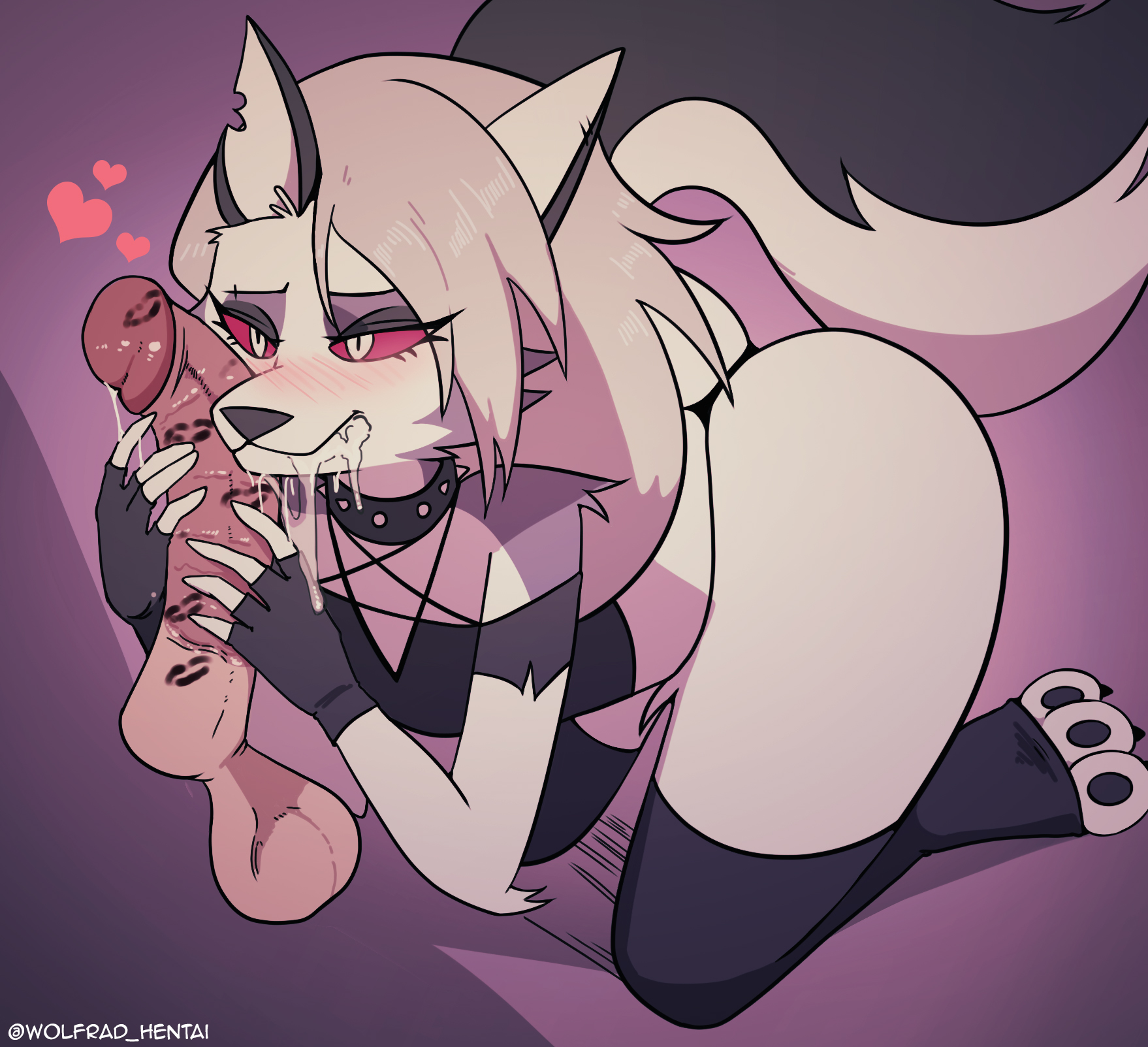1boy, 1girls, anthro, black lipstick, canine, cock worship, cum, cum in mouth, cum inside, demon, drooling, faceless male, female, goth, heart, hearts, hellhound, helluva boss, human, human on anthro, kiss mark, light skin, light-skinned male, lipstick mark, lipstick on penis, loona (helluva boss), male, male human/female anthro, male human/female demon, penis, penis awe, spindlehorse toons, vivienne medrano, vivziepop, wolf, wolfgang bang