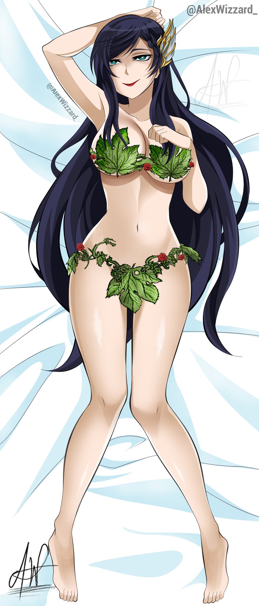 1girls, alex wizzard, alternate version available, bed, big breasts, blue hair, breasts, brunhilde (shuumatsu no valkyrie), convenient censoring, dakimakura, dakimakura design, female, long hair, looking at viewer, revealing clothes, shuumatsu no valkyrie, solo