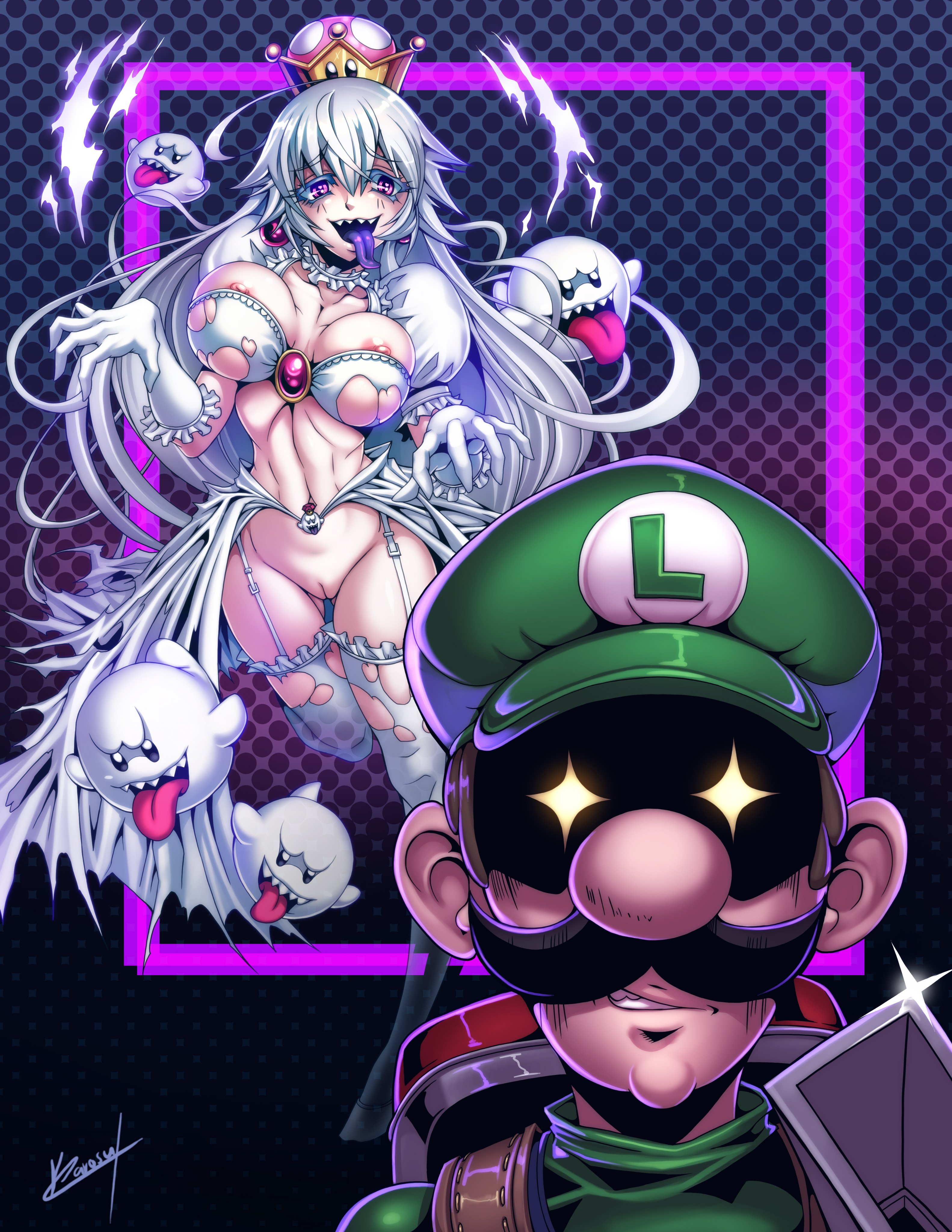 1boy, 1girls, big breasts, boo (mario), boosette, breasts, clothed, clothing, crown, dress, female, funny, hairless pussy, karosu-maker, long hair, long tongue, luigi, luigi's mansion, male, mario (series), moustache, new super mario bros. u deluxe, nipples, pink eyes, pussy, ripped clothing, rule 63, sharp teeth, super crown, thick thighs, thighhighs, tongue, tongue out, white hair