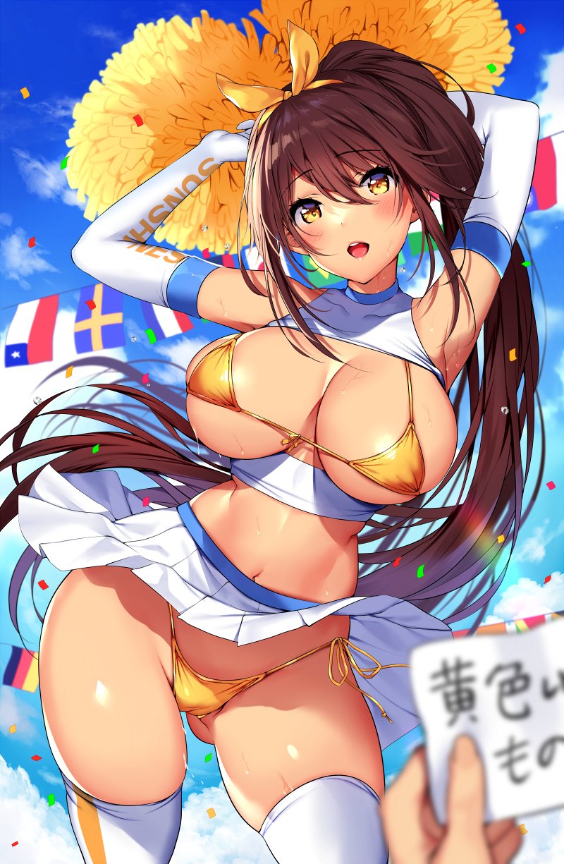 bangs, bare shoulders, bikini, blue sky, blush, breasts, brown hair, cheerleader, cleavage, confetti, elbow gloves, female, gloves, hair between eyes, hair ornament, hair ribbon, high resolution, large breasts, long hair, looking at viewer, mataro (matarou), miniskirt, navel, open mouth, original, pleated skirt, pom poms, ribbon, skirt, sky, swimsuit, thighhighs, thighs, very long hair, white gloves, white legwear, white skirt, yellow bikini, yellow eyes, yellow ribbon, yellow swimsuit