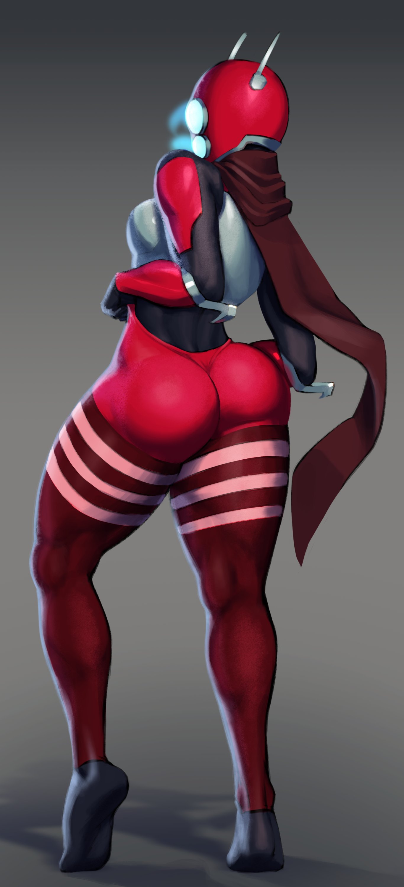 ass, black body, breasts, butt pose, color, female, female only, grey background, helmet, huntress (risk of rain), large ass, leggings, light, lighting, looking at viewer, looking back, popogori, rear view, risk of rain, risk of rain 2, robot, small breasts, solo, solo female, standing, striped, striped legwear, stripes