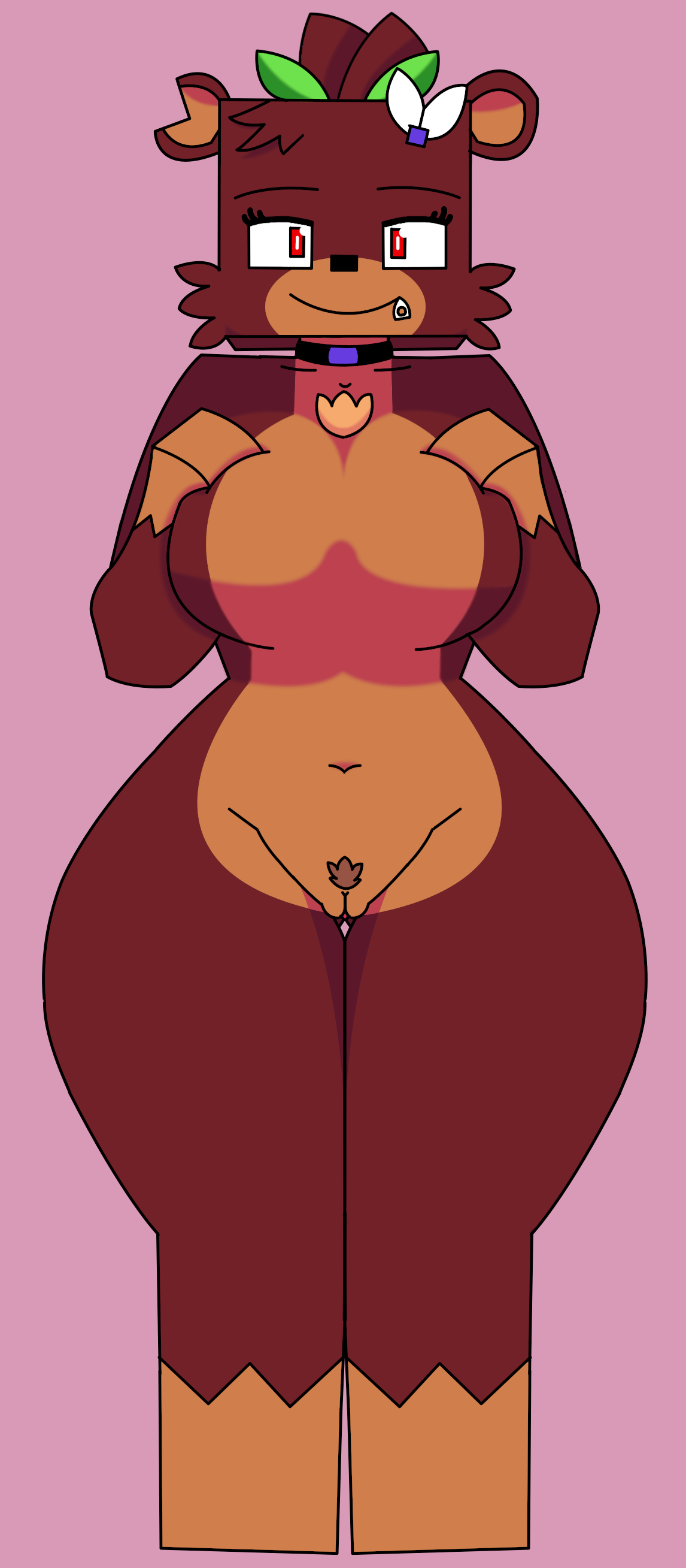 1girls, bear, bia prowell (slipperyt), big breasts, breasts, brown fur, character, collar, commission, female, fur, horny female, humanoid, living plushie, minecraft, notched ear, outside, plushie, red eyes, ribbon, solo, tagme, teddy bear, thick thighs