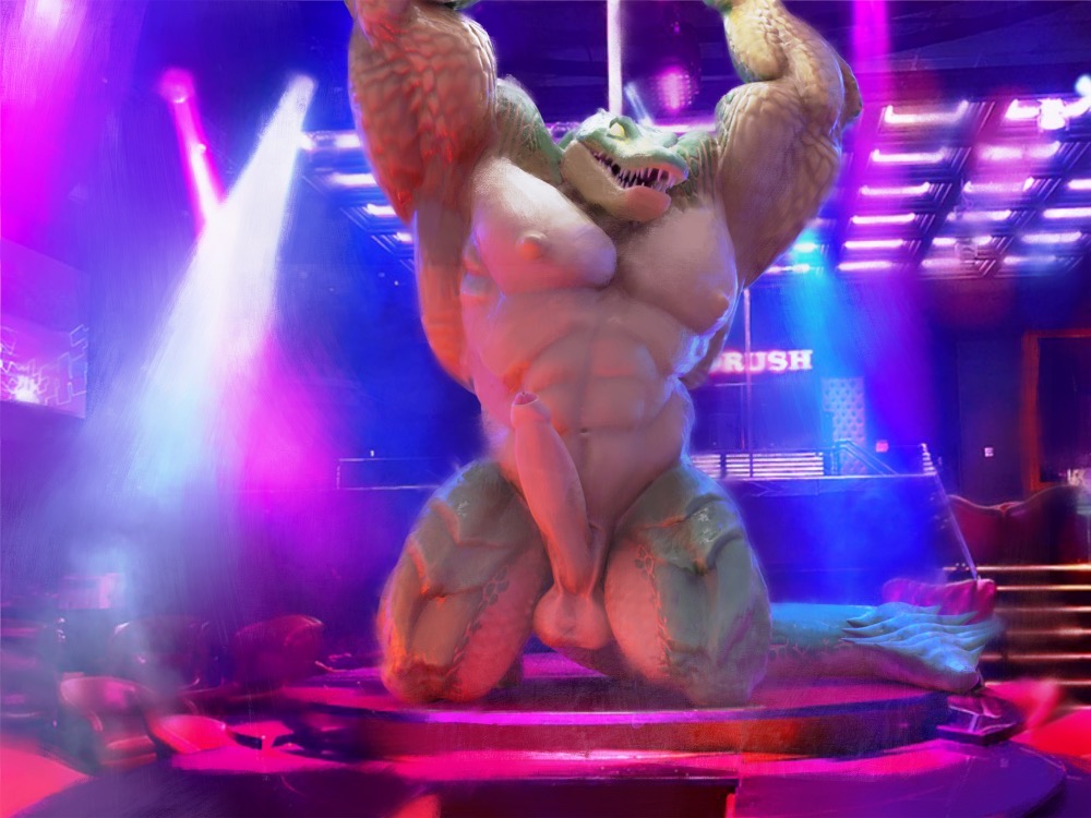 4:3 anthro balls big_muscles big_penis bioluminescence clothing crocodilian emit genitals glowing glowing_eyes huge_muscles hyper hyper_muscles league_of_legends lizard male male/male mature_male muscular penis renekton reptile riot_games scalie sharp_teeth solo stripper teeth undressing video_games