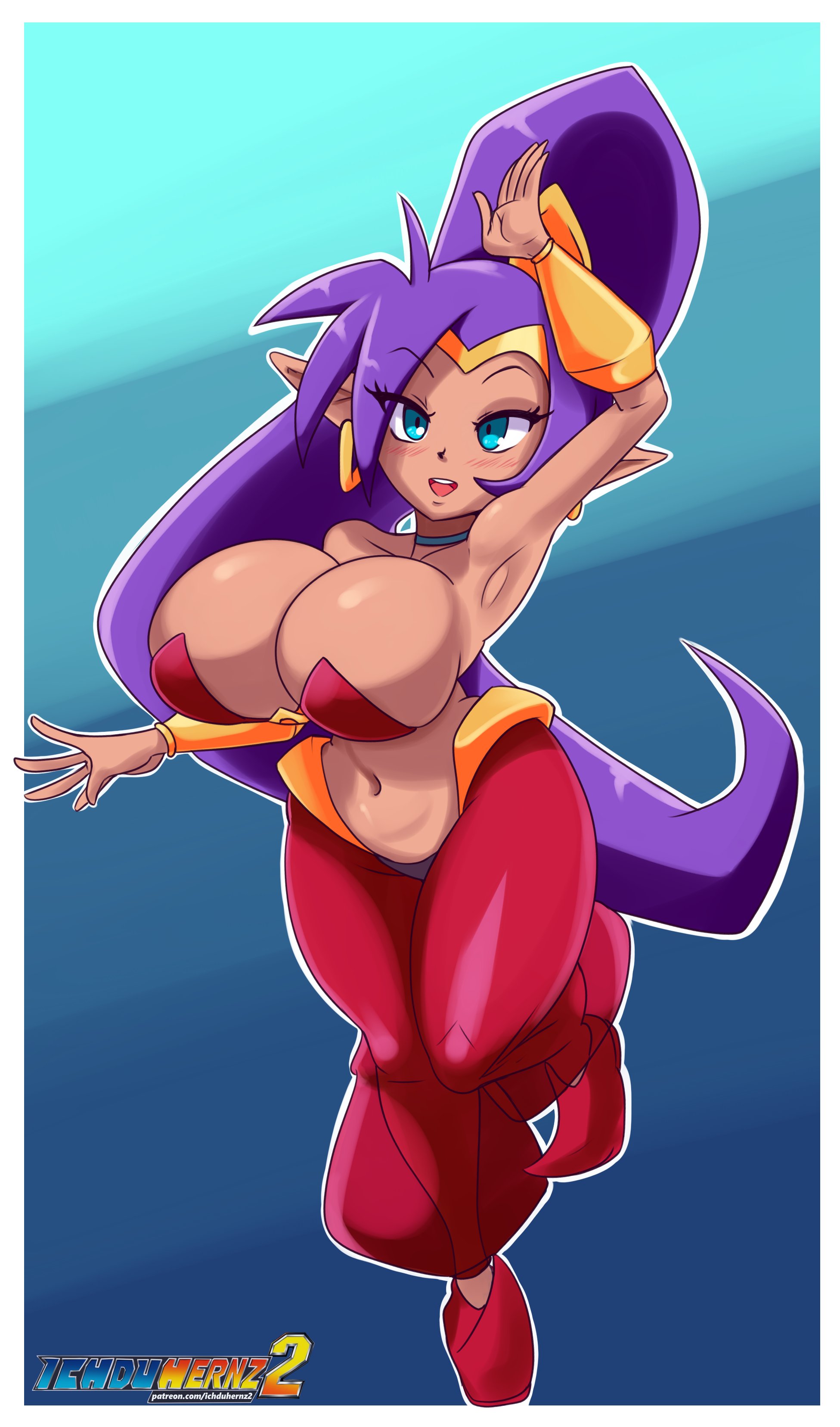 1girls, big breasts, blue eyes, breasts, earrings, female, female only, female protagonist, ichduhernz, ponytail, purple hair, shantae, shantae (character), solo, tagme, tiara, wayforward