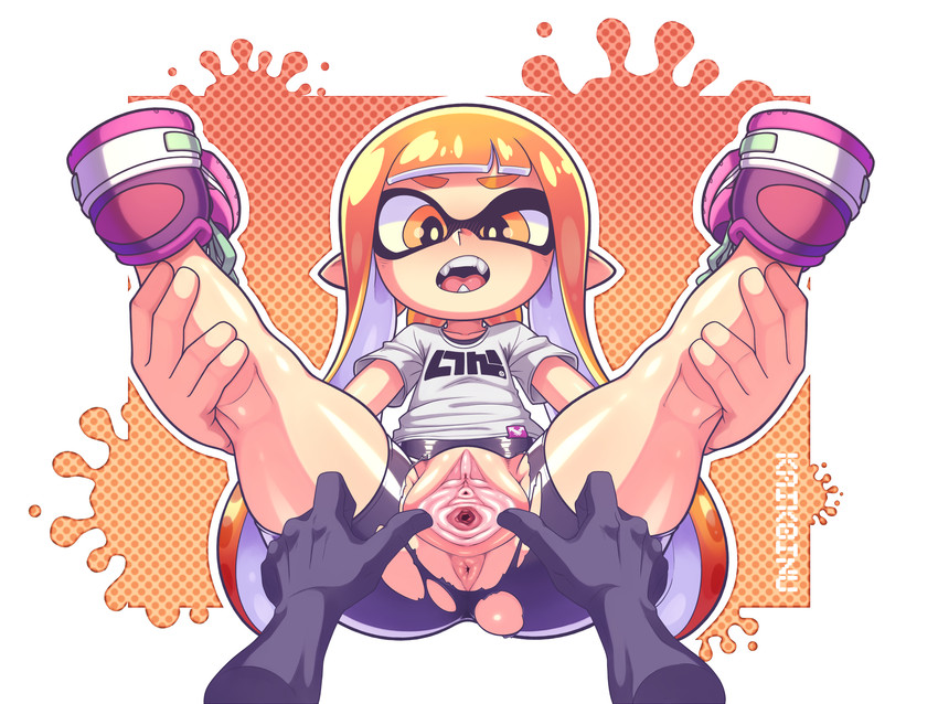 absurd res, animal humanoid, anthro, anus, ass, cephalopod, cephalopod humanoid, disembodied hand, female, hi res, humanoid, inkling, inkling girl, kaikoinu, kaori (splatoon), looking at viewer, mask (marking), nintendo, open mouth, pointy ears, presenting, pussy, splatoon, spread legs, spreading, squid, tentacle, tentacle hair, triangular anus, video games