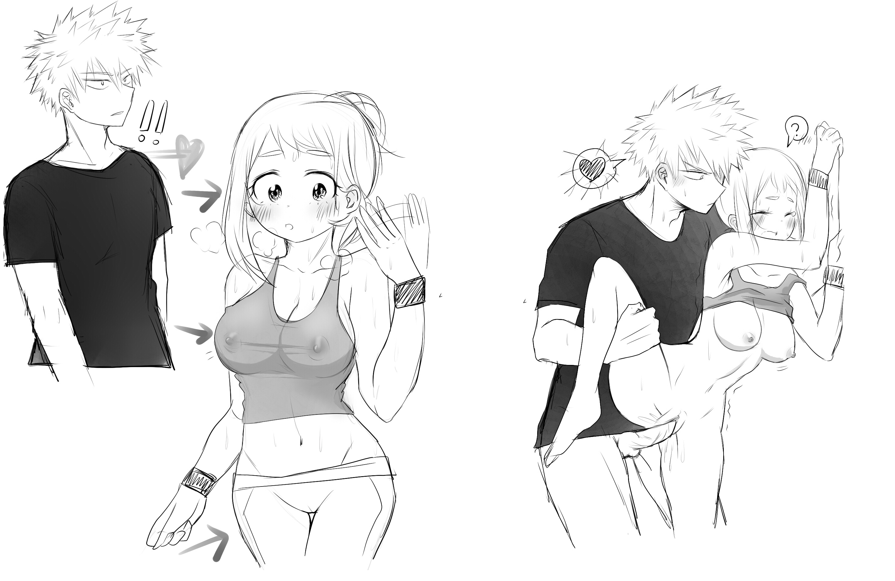 female, instant loss 2koma, katsuki bakugou, leg up, male, my hero academia, nipples, ochako uraraka, partially clothed, penetration, penis, pussy, see-through, shirt lift, straight, sweat