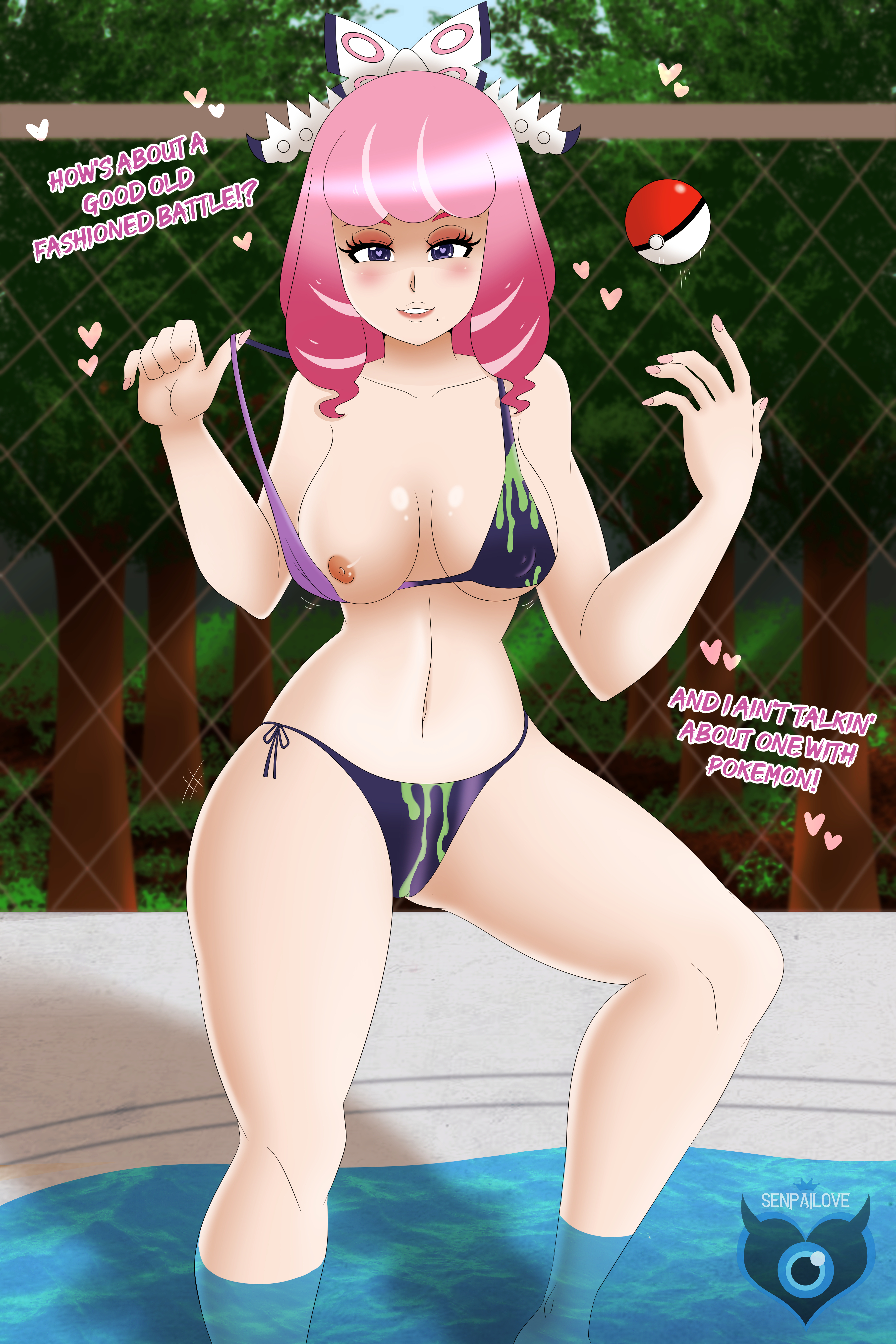 areola, bikini, breasts, english text, female, heart, klara (pokemon), looking at viewer, nintendo, nipples, pink hair, pokeball, pokemon, pokemon ss, pokemon ss isle of armor, senpailove, text