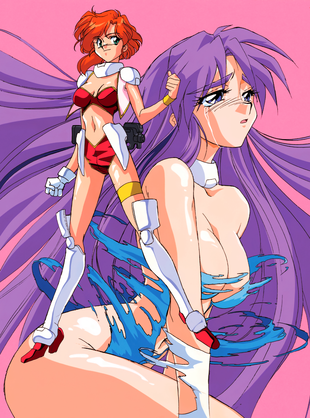 2girls 90s armor blue_eyes boots breasts cape cleavage clothed clothing crying crying_with_eyes_open elbow_gloves eyebrows_visible_through_hair female female_only full_body gloves green_eyes gun highres isono_satoshi kate_(viper) large_breasts legwear long_hair medium_breasts multiple_girls navel official_art open_mouth pink_background purple_hair red_clothing red_hair rifle shoulder_pads simple_background single_glove smile sogna standing submachine_gun tears thigh_boots thigh_strap thighhighs thighs tongue torn_clothes torn_gloves tubetop viper_(series) viper_v12 weapon white_gloves wristband yuria_(viper)