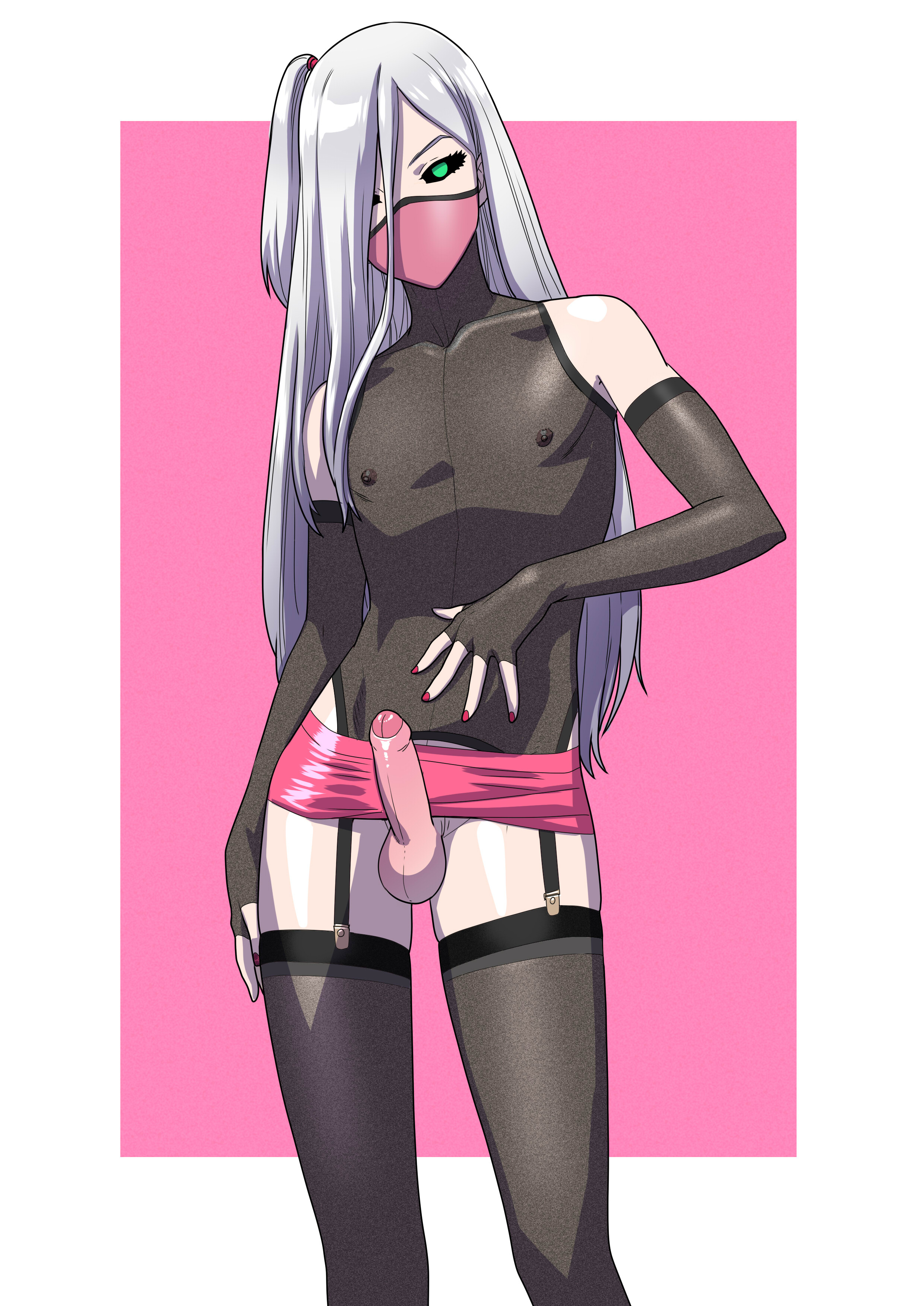 1boy, androgynous, balls, ballsack, black sclera, crossdressing, elbow gloves, erect nipples, erect penis, erection, femboy, feminine male, fingerless gloves, foreskin, garter straps, girly, green eyes, humanoid, humanoid penis, long hair, long-haired male, male, male only, mask, microskirt, nipples, partially retracted foreskin, penis, penis under skirt, retracted foreskin, scrotum, side ponytail, silver hair, skirt, smooth penis, solo, stockings, teenager, tekuho, testicles, trap, uncircumcised, uncut, white hair