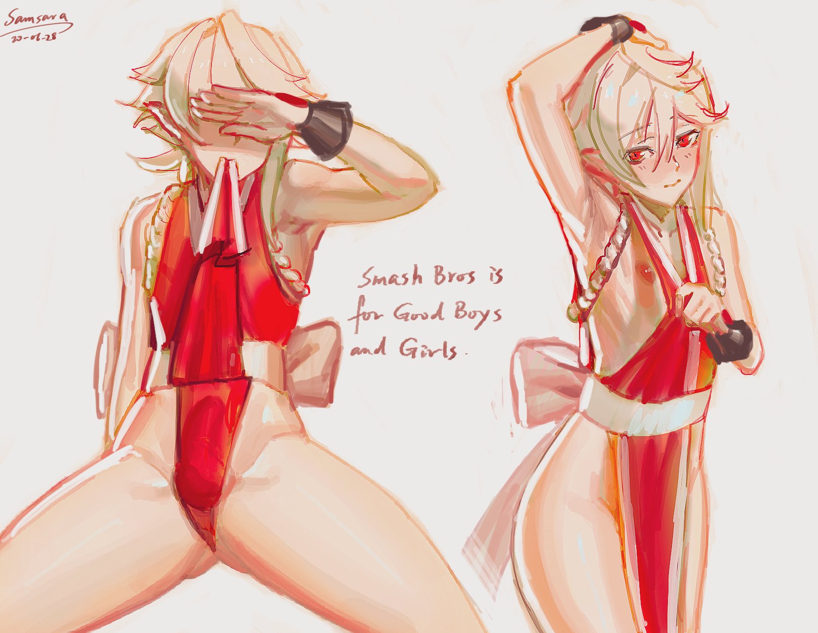 1boy, armpits, blush, bulge, corrin (fire emblem), corrin (fire emblem) (male), cosplay, covering eyes, crossdressing, femboy, fire emblem, fire emblem fates, girly, mai shiranui (cosplay), male, male only, nintendo, pointy ears, red eyes, samsara, samsara (shuukeura), solo, thick thighs, trap, white hair