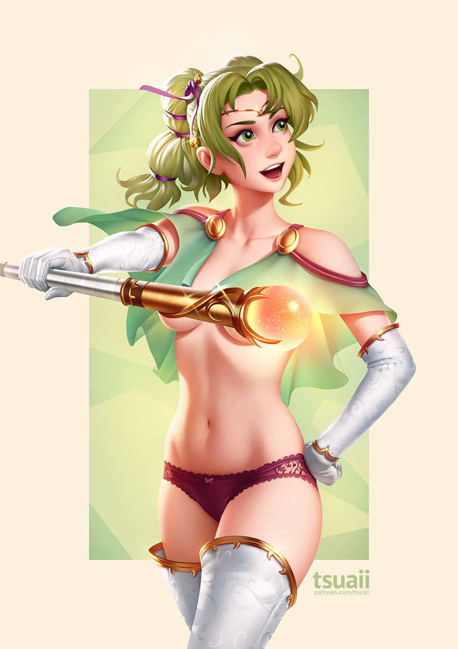 1girls bad_censor belly covering fair-skinned_female fair_skin female female_focus female_only fire_emblem fire_emblem:_the_sacred_stones gloves green_eyes green_hair l'arachel_(fire_emblem) light-skinned_female light_skin long_gloves midriff panties partially_clothed purple_panties short_hair small_breasts solo solo_female solo_focus topless tsuaii underwear