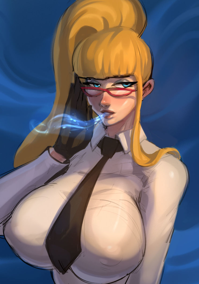 1girls, alternate breast size, alternate outfit, big breasts, blonde hair, blue eyes, breasts, capcom, clothed, female, female only, glasses, gloves, half-closed eyes, kolin (street fighter), magic, necktie, office lady, open mouth, ponytail, secretary, shirt, solo, street fighter, street fighter v