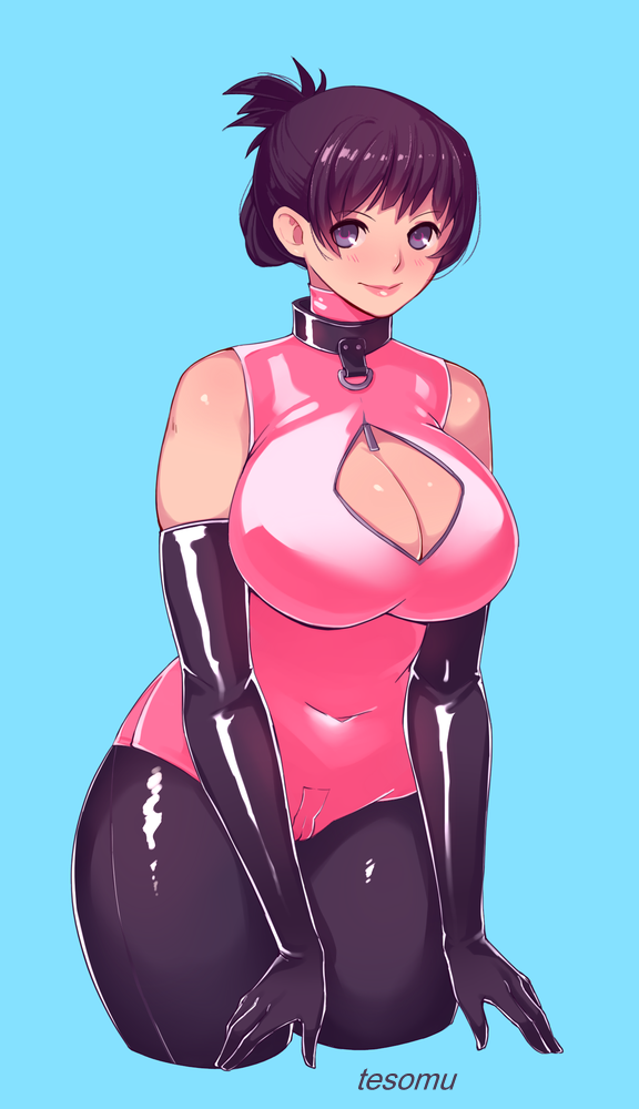 black_gloves bodysuit collar elbow_gloves gloves hair_bun latex_gloves leotard milf tesomu thighhighs zipper