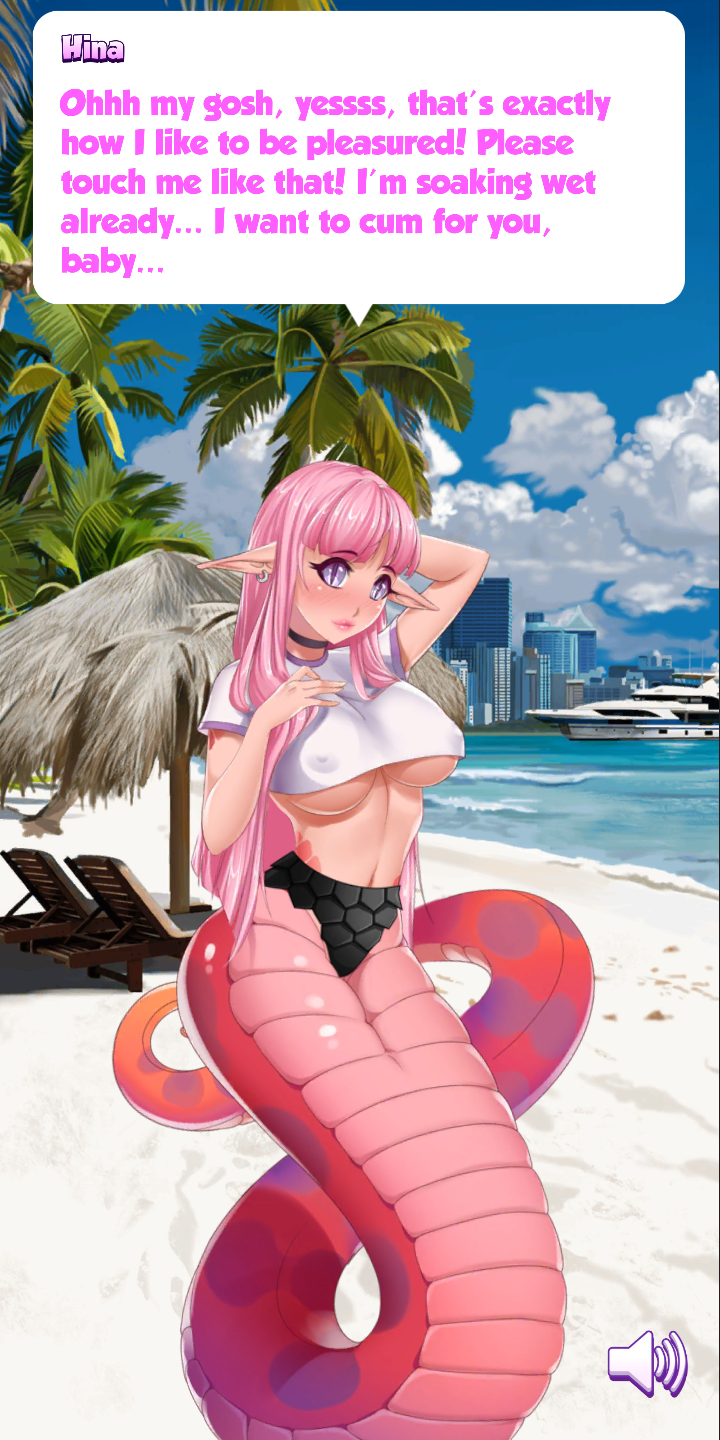 booty_calls clothing ear_piercing hina_(booty_calls) huge_ass lamia long_hair looking_at_viewer medium_breasts nipples nipples_visible_through_clothing panties pink_hair snake_eyes snake_girl text white_shirt