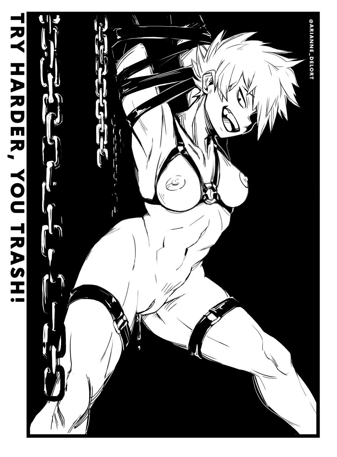 1girls, arianne delort, bondage, bound, breasts, chains, female, female bakugou, female only, genderswap, genderswap (mtf), katsuki bakugou, looking at viewer, monochrome, my hero academia, open mouth, pussy, rule 63, short hair, solo, tomboy