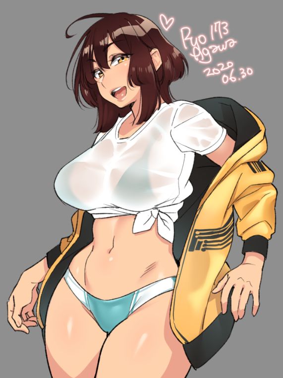 1girls, big breasts, bra, breasts, female, female only, large breasts, looking at viewer, off shoulder, panties, ryo agawa, solo, thick thighs, wet clothes, wide hips