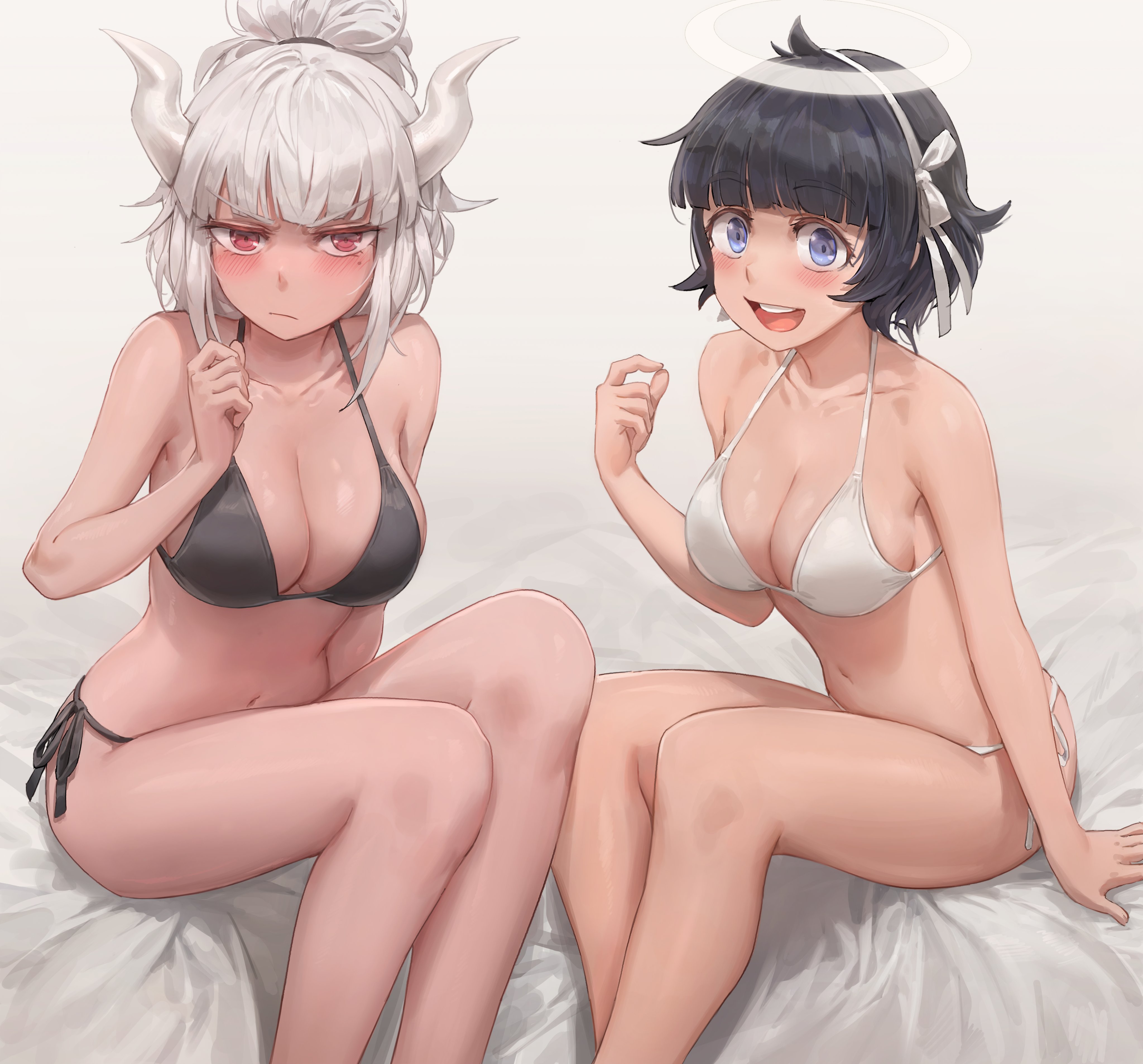 2girls, absurdres, azazel (helltaker), bare shoulders, big breasts, bikini, black hair, blue eyes, blush, breasts, cleavage, female, female only, helltaker, highres, horn, large breasts, looking at viewer, lucifer (helltaker), medium breasts, multiple females, multiple girls, navel, open mouth, red eyes, short hair, side-tie bikini, sitting, smile, swimsuit, white hair, yohan1754