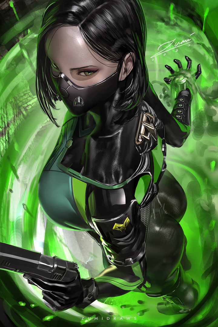 1girls, ass, bodysuit, breasts, female, female only, gun, mask, pistol, solo, valorant, video game character, viper (valorant), zumi