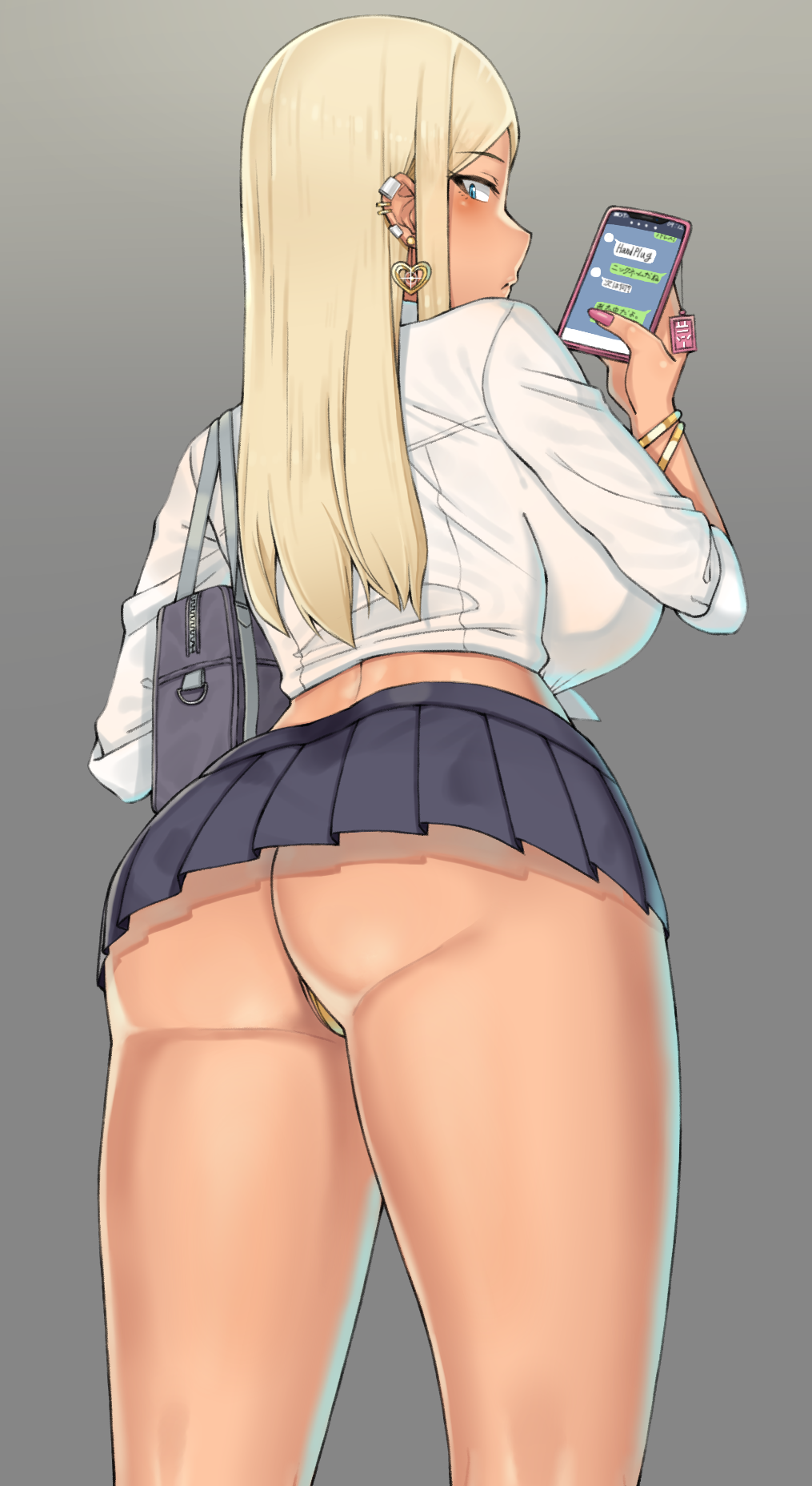 1girls, ass, ass out, bag, barely contained, big ass, blonde, blonde female, blonde hair, blue eyes, blush, blushing, boobs, breast visible from behind, breasts, breasts bigger than head, breasts bigger than torso, breasts visible from back, breasts visible through clothing, breasts visible through shirt, bubble butt, busty, cellphone, ear piercing, earrings, embarrassed, female, female only, from behind, ganguro, golden panties, gyaru, half-closed eyes, handplug, highres, huge breasts, jewelry, kogal, long hair, looking at another, looking at ass, looking at viewer, looking back, looking back at viewer, looking down, microskirt, miniskirt, nail polish, original, panties, pantyshot, phone, piercing, pleated skirt, school uniform, shirt, skirt, solo, standing, tan, tan body, tan skin, thick thighs, thighs, thong, tied shirt, underwear, wide hips, yuzuhara