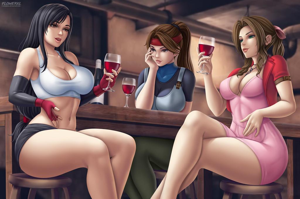 3girls, abs, aerith gainsborough, artist logo, big breasts, black dress, black hair, blue shirt, breasts, brown eyes, brown hair, cleavage, drink, female, female only, final fantasy, final fantasy vii, final fantasy vii remake, flowerxl, gloves, green eyes, hands on face, jessie rasberry, large breasts, legs crossed, light skin, light-skinned female, long hair, pale skin, pale-skinned female, pink dress, red jacket, sitting, sitting on chair, square enix, thick thighs, tifa lockhart, url, video game character, white topwear, wine, wine bottle, wine glass