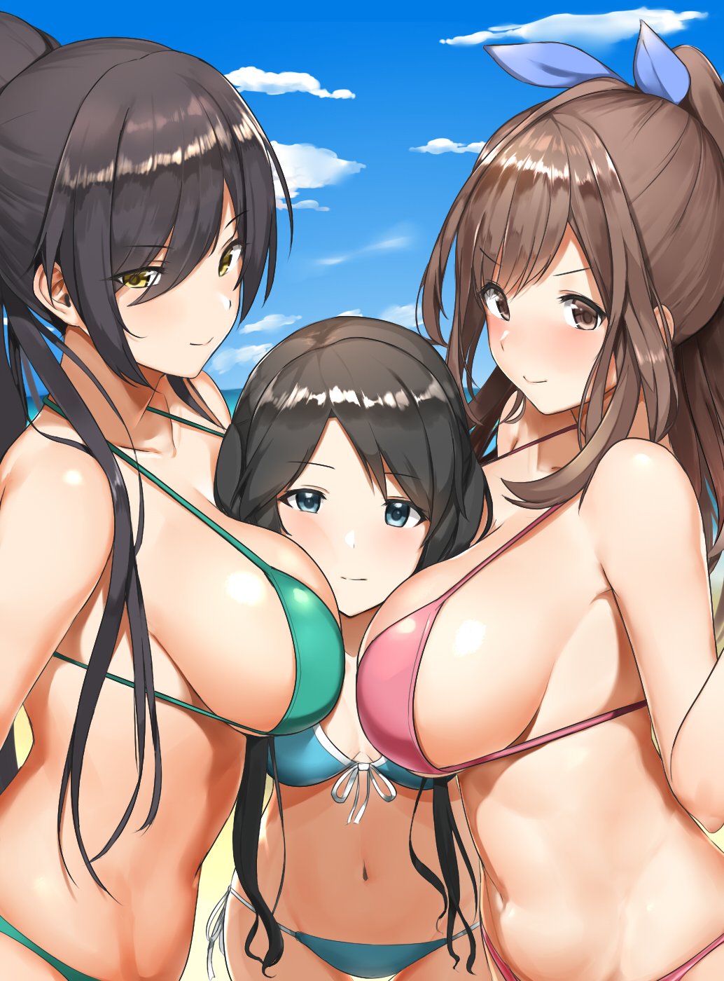 3girls aqua_bikini bangs bare_shoulders between_breasts bikini black_hair blue_bow blue_eyes blue_sky blush bow breasts brown_eyes brown_hair cheek-to-breast cheek_squash clavicle cleavage closed_mouth day female girl_sandwich green_bikini hair_between_eyes hair_ornament hairbow head_between_breasts head_on_chest high_ponytail high_resolution hip_focus hips idolmaster large_breasts long_hair looking_at_viewer medium_breasts mitsumine_yuika multiple_girls navel nnoelllll ocean parted_bangs pink_bikini ponytail sand sandwiched shirase_sakuya sideboob sky smile swept_bangs swimsuit the_idolm@ster:_shiny_colors tied_hair tsukioka_kogane twintails waist yellow_eyes yuri