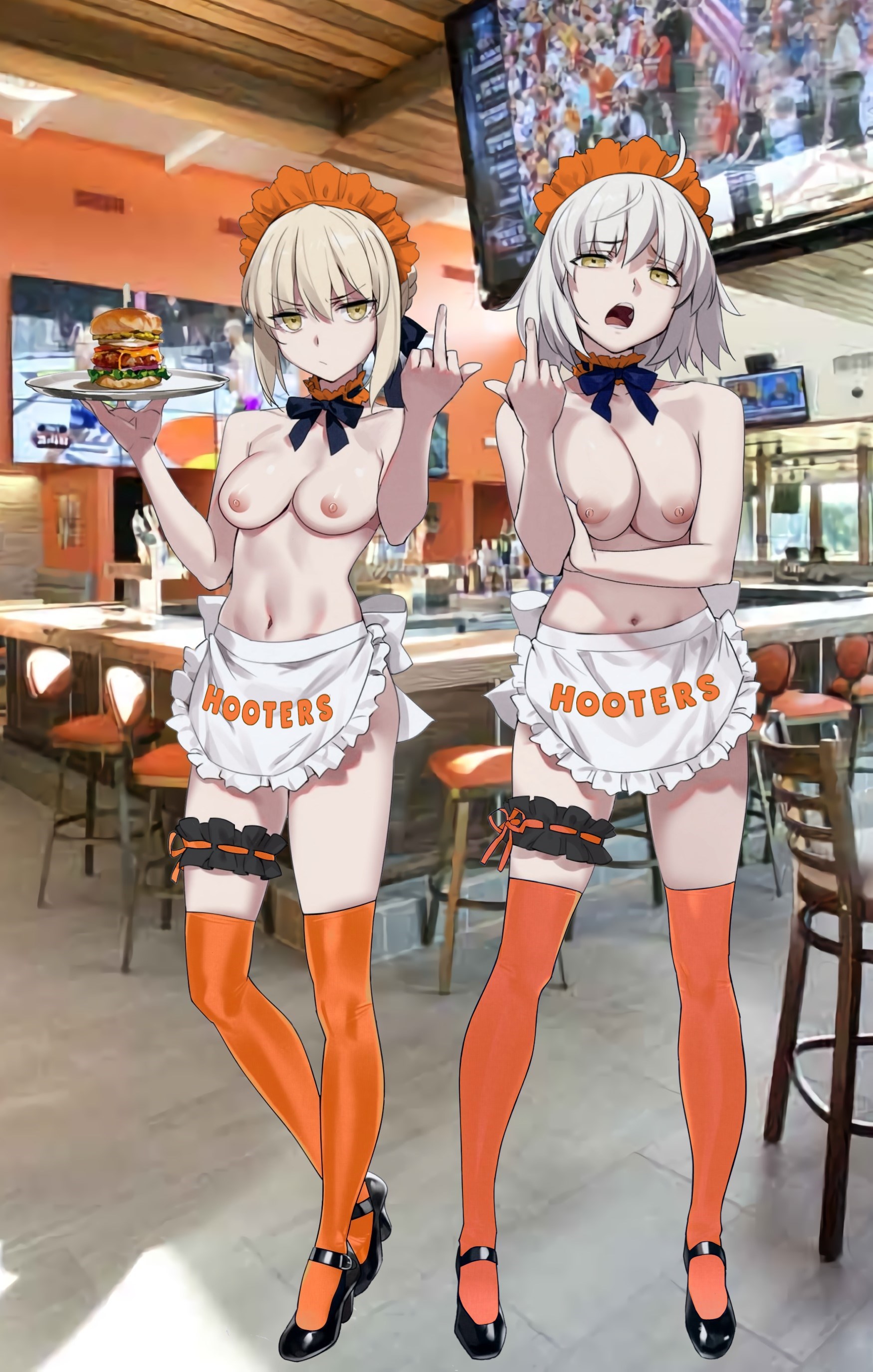 2girls, ahoge, apron, artoria pendragon, artoria pendragon (alter), artoria pendragon (swimsuit rider alter), blonde hair, breasts, cleavage, collar, employee uniform, fate (series), fate/grand order, female, food, full body, garter, hamburger, high heels, high resolution, hooters, jeanne alter, maguro mayonnaise, maid, maid apron, maid headdress, middle finger, multiple females, multiple girls, neck ribbon, nipples, photo background, plate, ribbon, shoes, standing, thighhighs, third-party edit, topless, uniform, waitress, white hair, yd (orange maru), yellow eyes