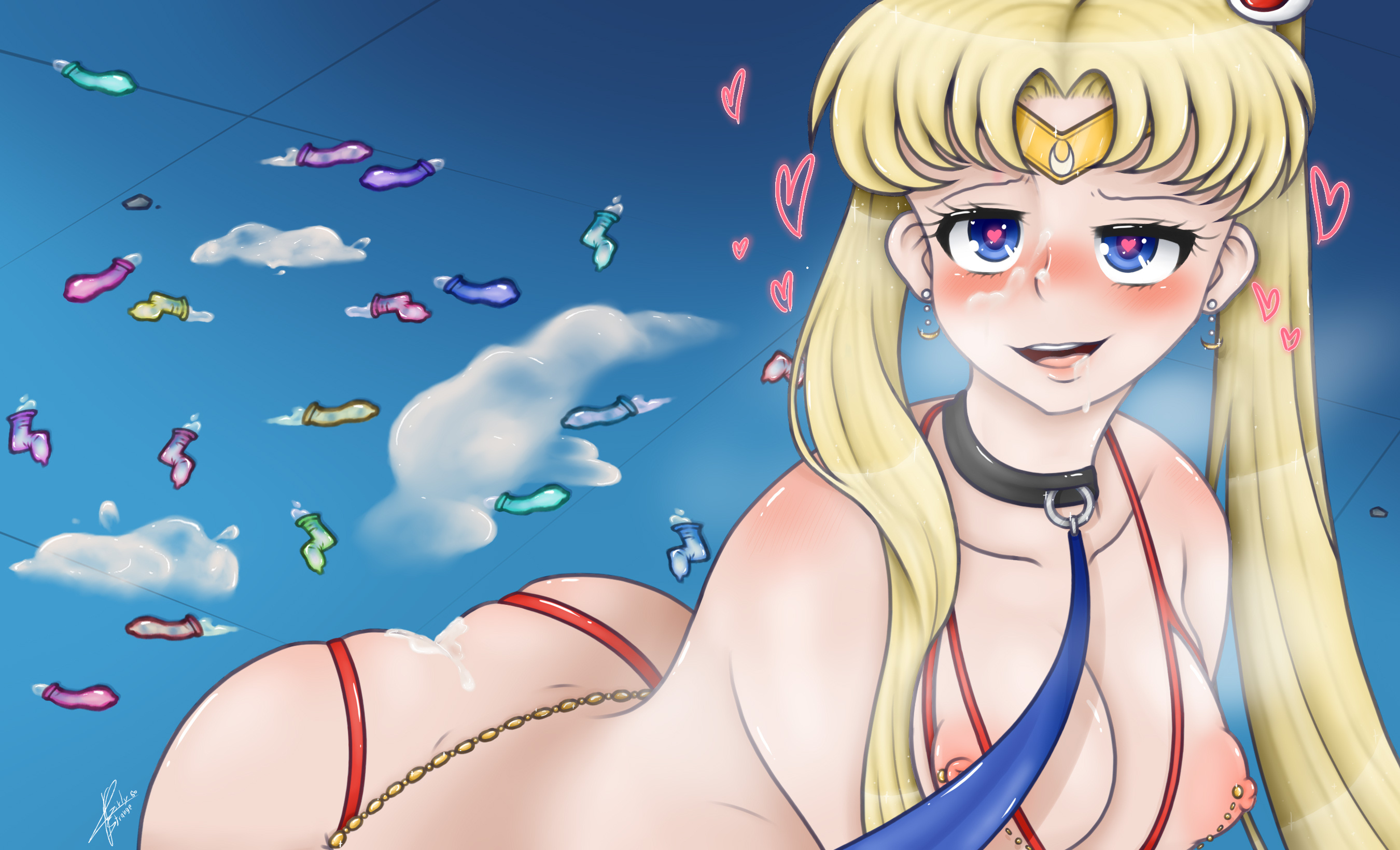 1girls, bishoujo senshi sailor moon, blonde hair, blush, breasts, collar, condom, cum, cum inside, cum on face, female, female only, girlystrange, heart, heart-shaped pupils, medium breasts, meme, nipple piercing, nipples, piercing, sailor moon, sailor moon redraw challenge, solo, twintails, usagi tsukino, used condom
