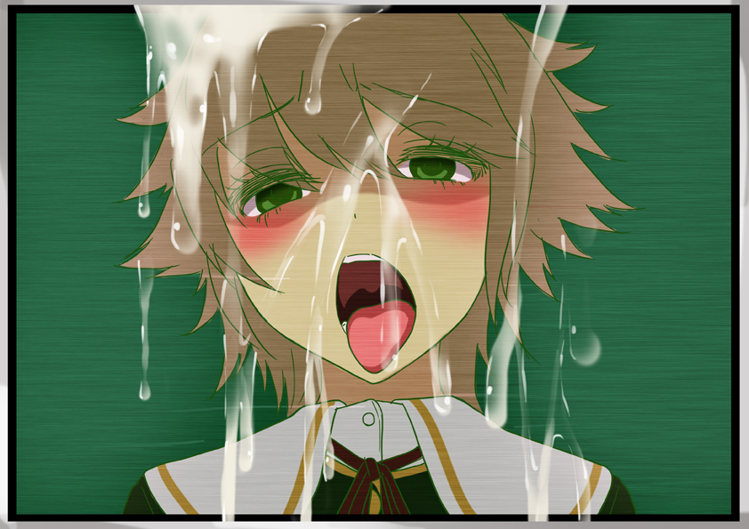 1boy, ahe gao, alter ego (danganronpa), artificial intelligence, blush, computer, computer screen, cum, cum on screen, danganronpa, femboy, fujisaki chihiro, heavy blush, looking at viewer, male, male focus, male only, open mouth, smooth skin, tongue, tongue out