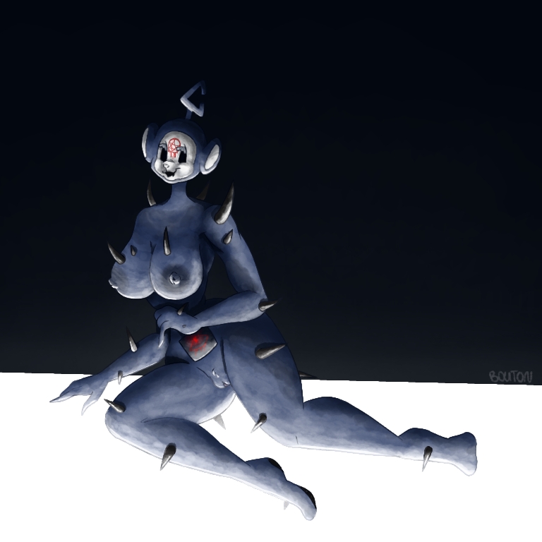 anthro black_eyes blue_fur bouton breasts demon_girl digital_media_(artwork) female female_only nipples nude original original_character signature simple_background sitting slendytubbies spikes teletubbies uncensored