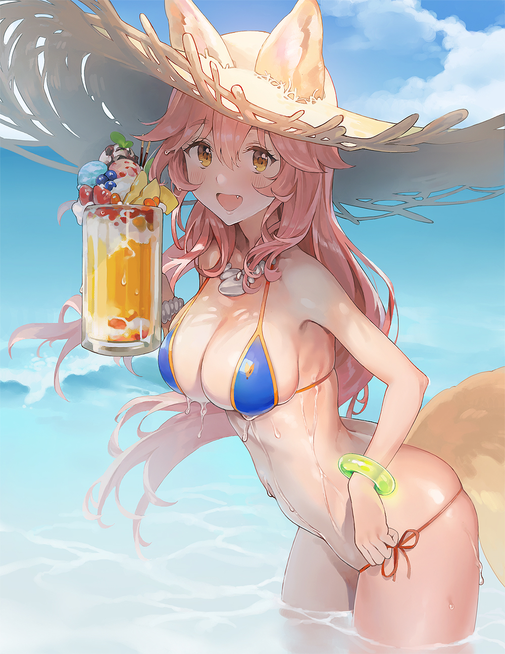 ameyame animal_ears bangs bare_shoulders beach bikini blue_bikini blue_sky blueberry_(not_the_fetish) blush bracelet breasts clavicle cleavage cloud cup day drink ears_through_headwear fate/extra fate/grand_order fate_(series) female food fox_tail fruit golden_eyes hair_between_eyes happy hat high_resolution hip_focus hips holding_drink ice_cream in_water jewelry kitsunemimi large_breasts long_hair looking_at_viewer midriff mug navel necklace ocean oerba_yun_fang open_mouth outdoors parfait partially_submerged peach_(fruit) pink_hair pixiv_id_4595297 pocky side-tie_bikini sky smile solo straw_hat strawberry sun_hat sweets swimsuit tail tamamo_no_mae_(fate) tamamo_no_mae_(swimsuit_lancer) thighs wading waist water wet yellow_eyes