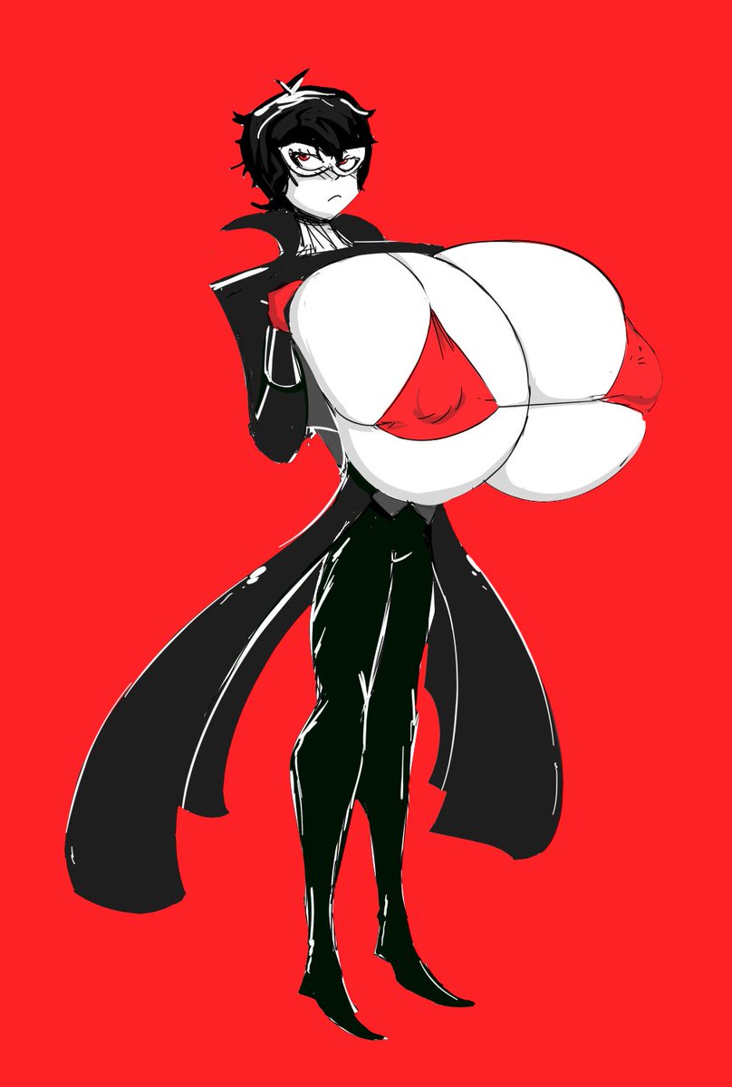 1boy, atlus, blush, bra, breasts, busty male, cleavage, embarrassed, erect nipples, hyper, hyper breasts, joker (persona), male, male only, male with breasts, megami tensei, mostly clothed, nipple bulge, nipples, persona, persona 5, red background, ren amamiya, tagme, tasteofchoklit
