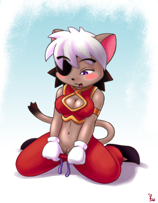 alicia_pris anthro bandai_namco blush blush_stickers brown_fur clothing eye_patch eyebrows_visible_through_hair eyepatch feline flashing furry joe_randel kneeling large_breasts no_panties open_mouth purple_eyes tail tail_concerto undressing white_hair