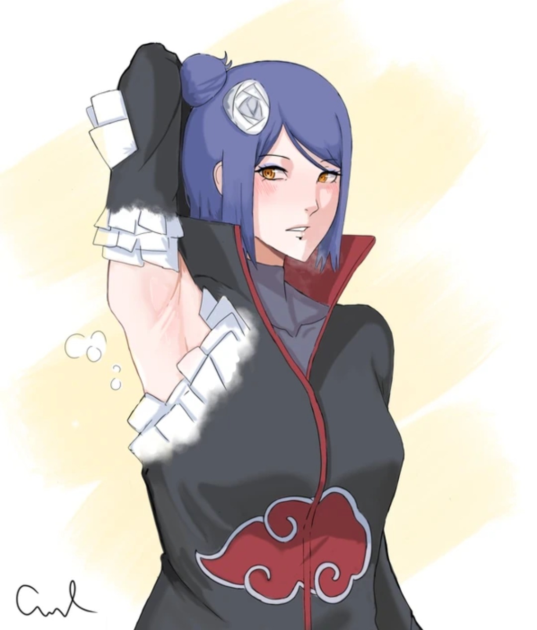 1girls, akatsuki (naruto), armpit fetish, armpit focus, armpits, arms behind back, blue hair, brown eyes, cloak, confused, dyka, female, female only, konan, medium hair, naruto, naruto (series), naruto shippuden, purple hair, sweat