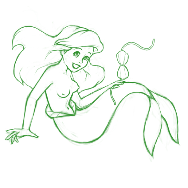 ariel bra bra_removed disney disney_princess erect_nipples female grin joe_randel long_hair mermaid monochrome nipples sketch solo the_little_mermaid