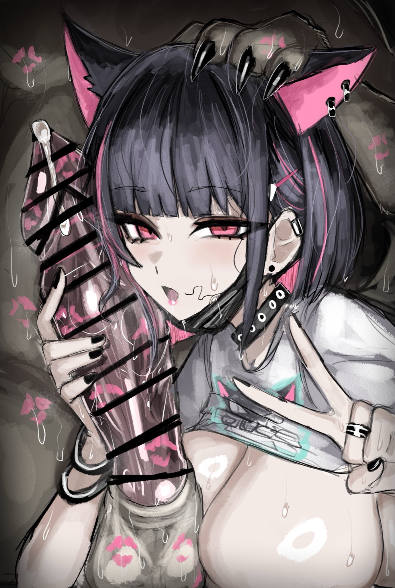 1boy, 1boy1girl, 1girls, animal genitalia, animal penis, black hair, blue archive, cat ears, cat girl, cum, exposed breasts, face mask, furry male, kazusa (blue archive), kiss mark, lipstick mark, maabo harusame, penis, pink eyes, pubes on face, pubic hair, tagme
